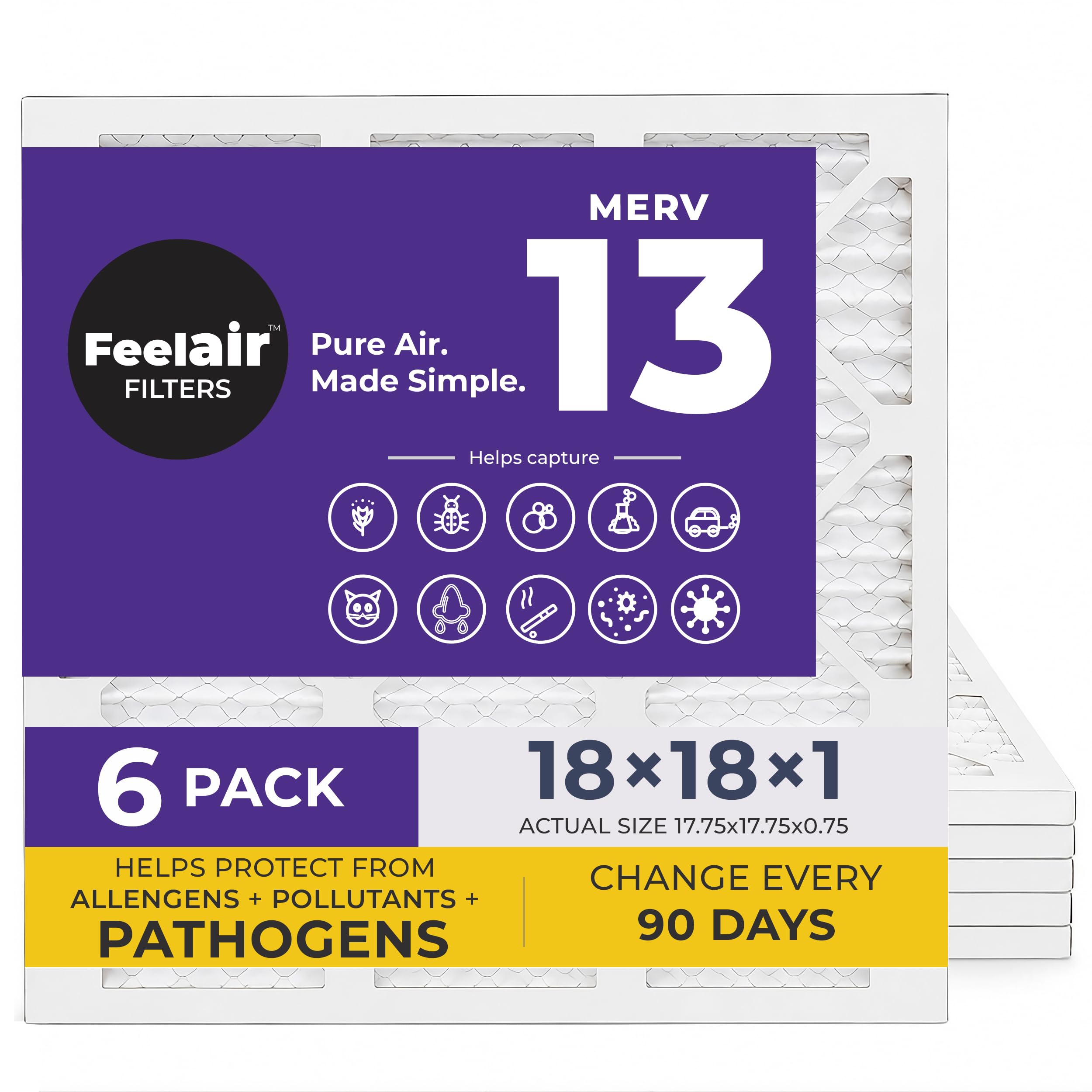 Feelair 18x18x1 Air Filter, Merv 13, 6 Pack, For Home AC Furnace & HVAC (Actual Size 17.75"x17.75"x0.75") DUST, Pet, & Allergy Control