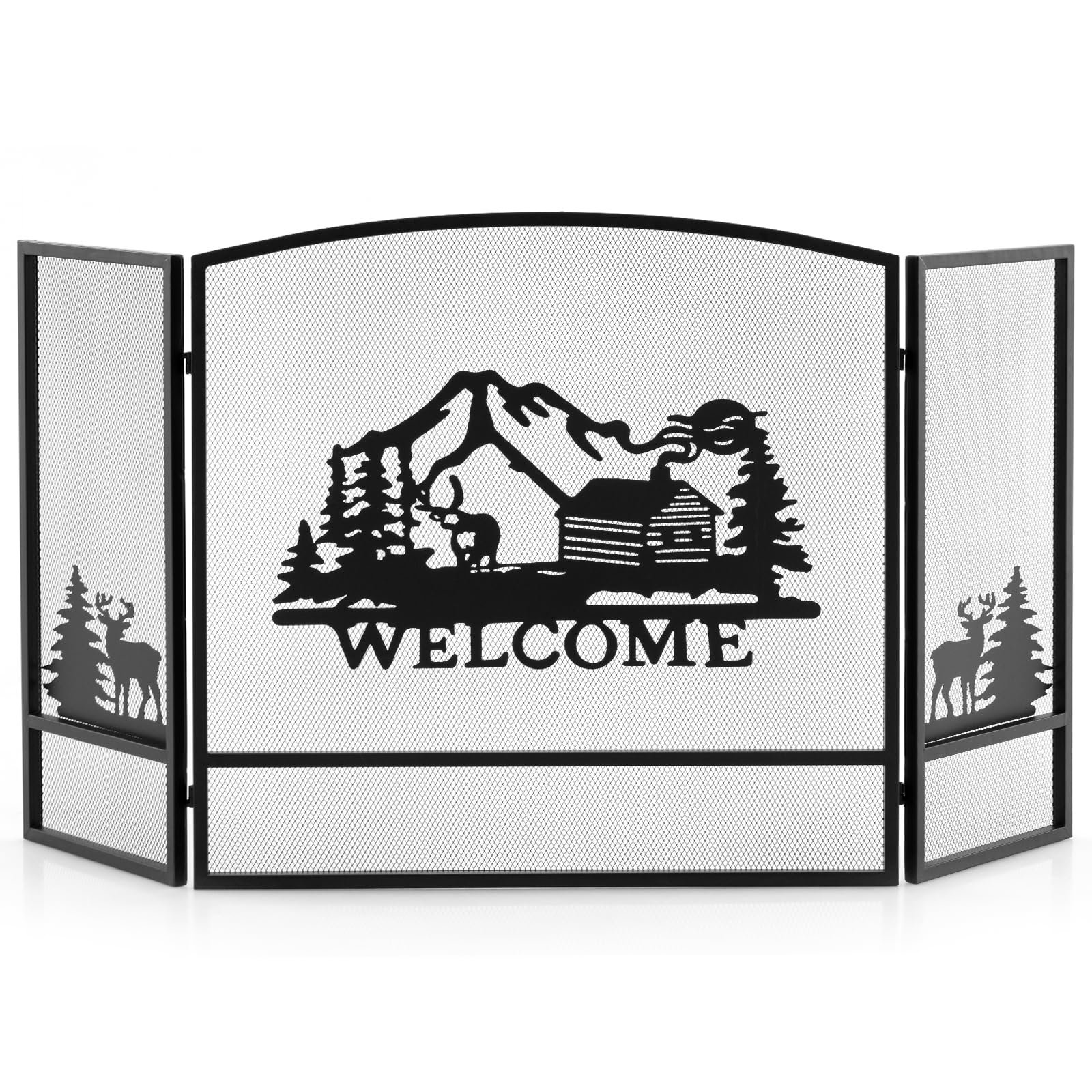 COSTWAY 3 Panel Folding Fire Guard, Large Fireplace Screen Fence with Anti-slip Footpads & Flexible Hinges, Wrought Iron Mesh Spark Fire Panel for Wood Coal Firing (Moose Pattern,No Footpad, 139x75cm)