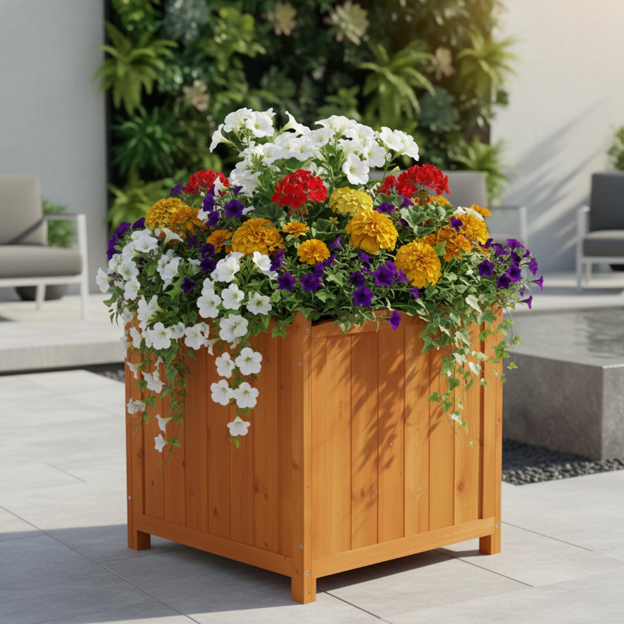 Mucola Blumenkübel Pflanzkübel Holz eckig 50 cm inkl. Pflanzfolie Braun | Für Blumen, Sträucher und Gemüse, geschwungene Abschlüsse mit silbernen Nägeln im Country-Look, auch für Innenhöfe geeignet