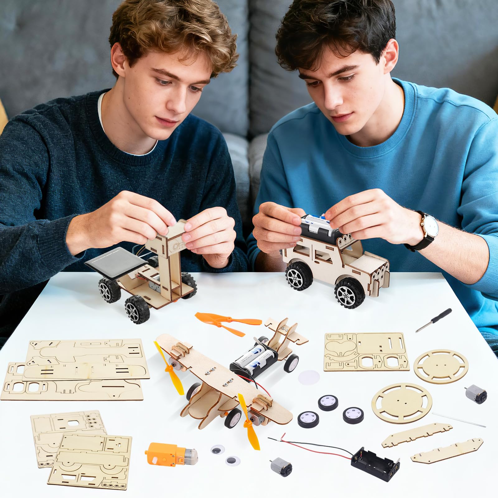 6 piezas de set de experimentos, kit de electrónica, kit de experimentos, kit de electrónica 6-en-1 de madera STEM experimentos ciencia conjunto de madera coches aviones vehículos espaciales regalo