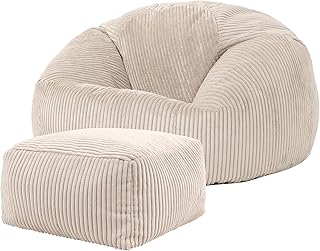 Icon Kingston Sitzsack mit Hocker Cord, Beige, Sitzsack Erwachsene mit Füllung, Bean Bag, Cord Sessel, Lounge Sessel, Lounge Stuhl, Schlafzimmer, Wohnzimmer, Wohnzimmer Möbel