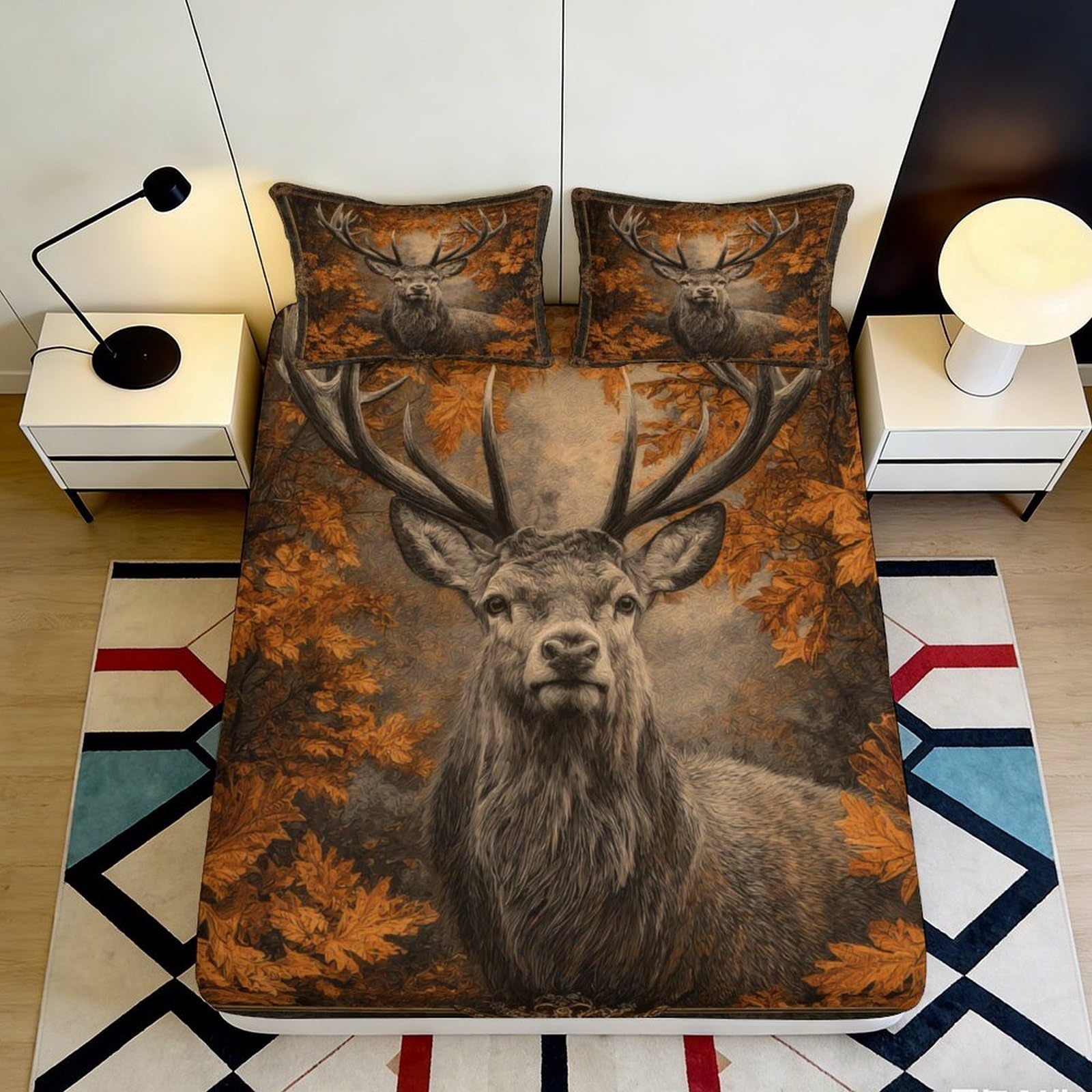 3D Printed Autumn Forest Deer Fitted Sheet Microfiber Soft Anti-Slip Bed Sheet for Bedroom Dorm Decor 90x200x25cm