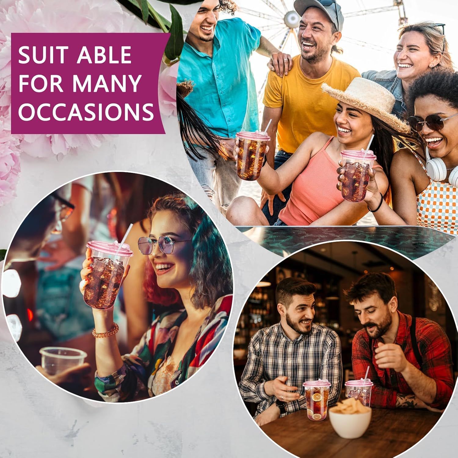 100 Sets 16oz Disposable Stemless Plastic Cups with Strawless Sip Lids, Clear PET Coffee Cups for Iced Coffee, Smoothies, Cold Drinks, Halloween, Christmas, Party and Drink Shop Supplies (Pink (16oz)) - Image 4