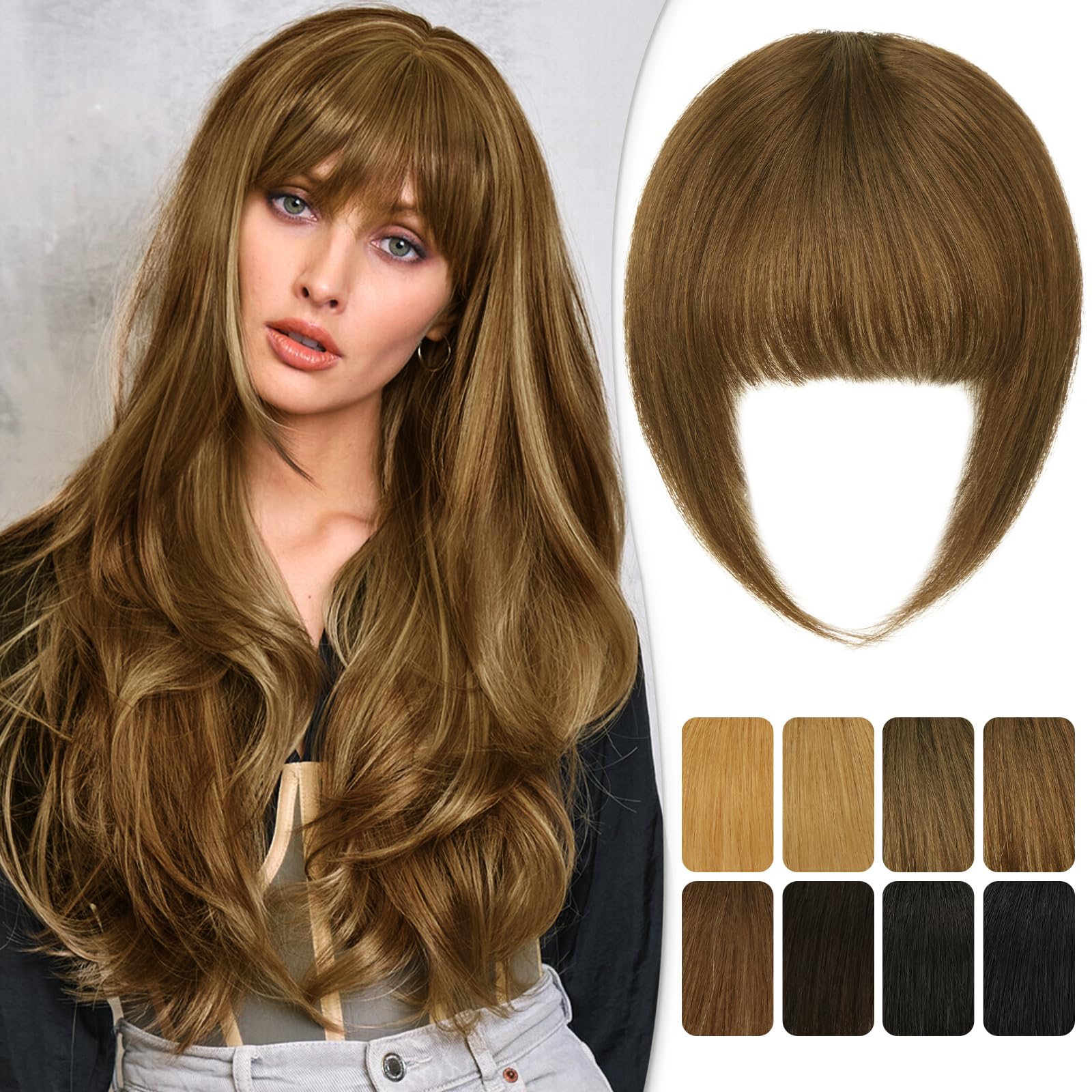 RUWISS Clip in Fringe Bangs Thick Fringe Extensions with Temples - Human Hair for Women - Daily Wear (Light Brown)
