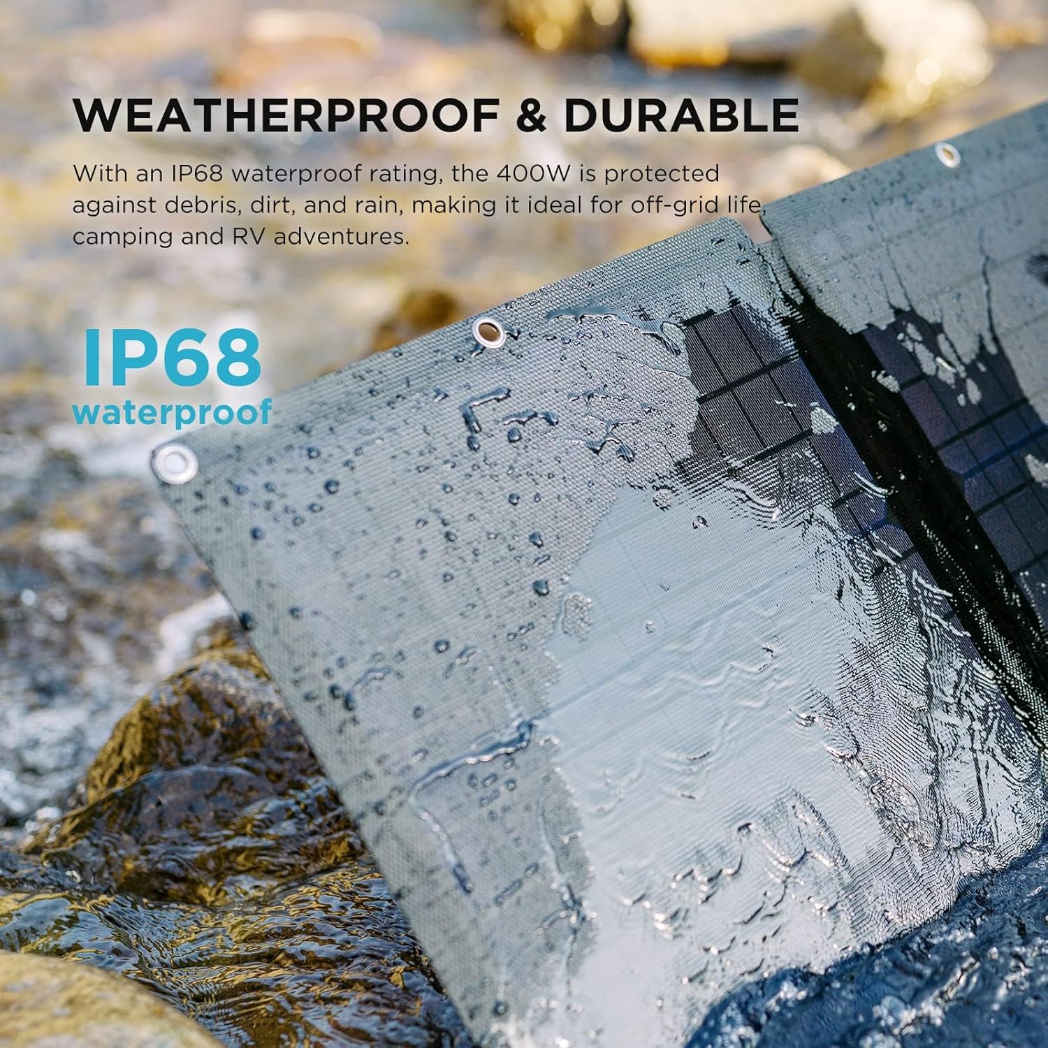 Close-up of waterproof 400W solar panel with water droplets