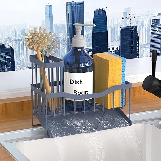 Fssvcd Maifan Sink Caddy Sponge Holder for Kitchen with Brush Holder and Stainless Steel Self Drain Tray, Rustproof Kitchen Sink Organizer for Sponge, Soap Dispenser Storage Accessories Grey Blue