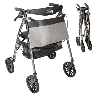 Stander Wonder Rollator Plus with 8-inch All-Terrain Wheels, Lightweight Folding Rolling Walker with Seat, Locking Brakes and Backrest, EZ Fold-N-Go-Rollator for Seniors and Adults, Black Walnut