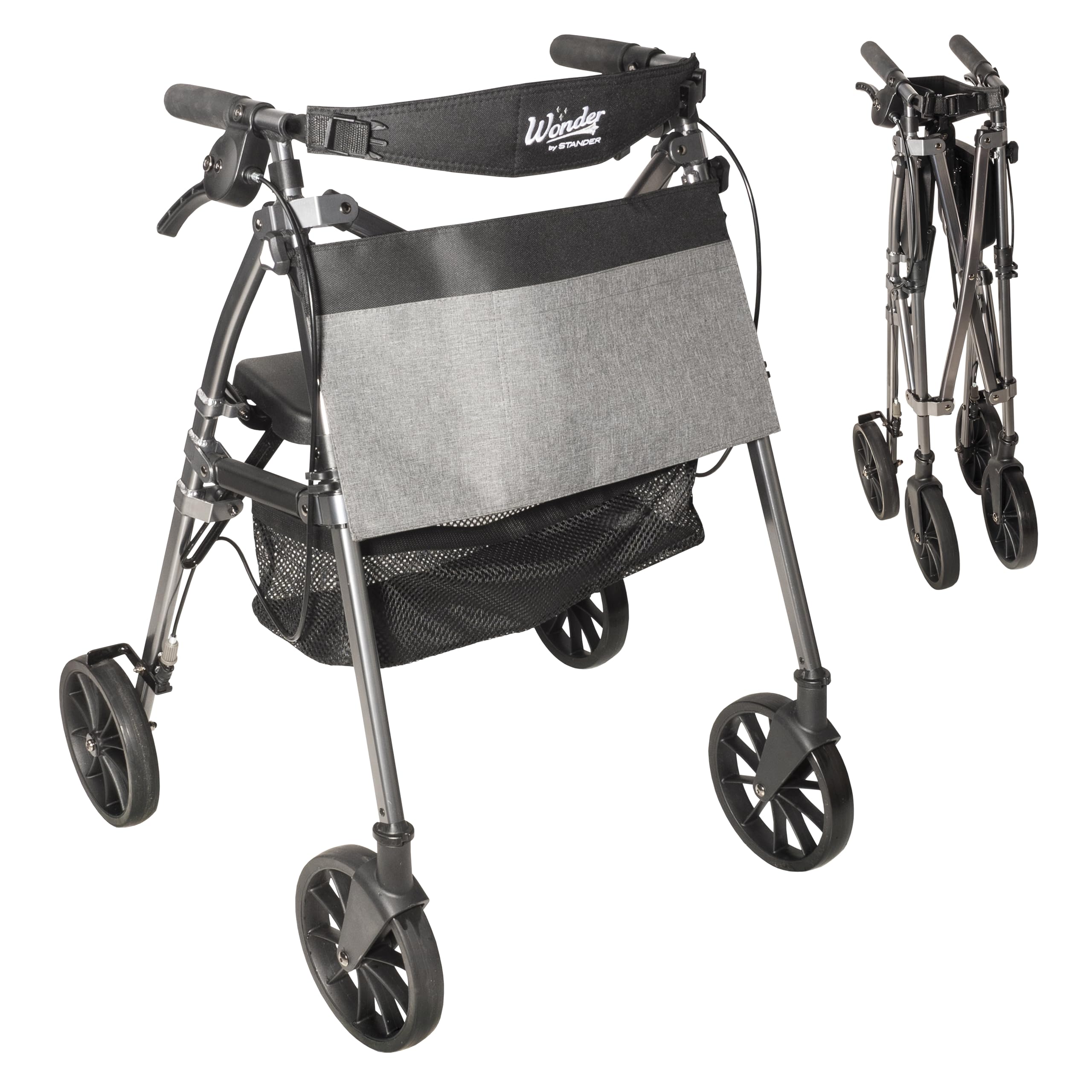 View 1 of Stander Wonder Rollator Plus with 8-inch All-Terrain Wheels, Lightweight Folding Rolling Walker with Seat, Locking Brakes and Backrest, EZ Fold-N-Go-Rollator for Seniors and Adults, Black Walnut