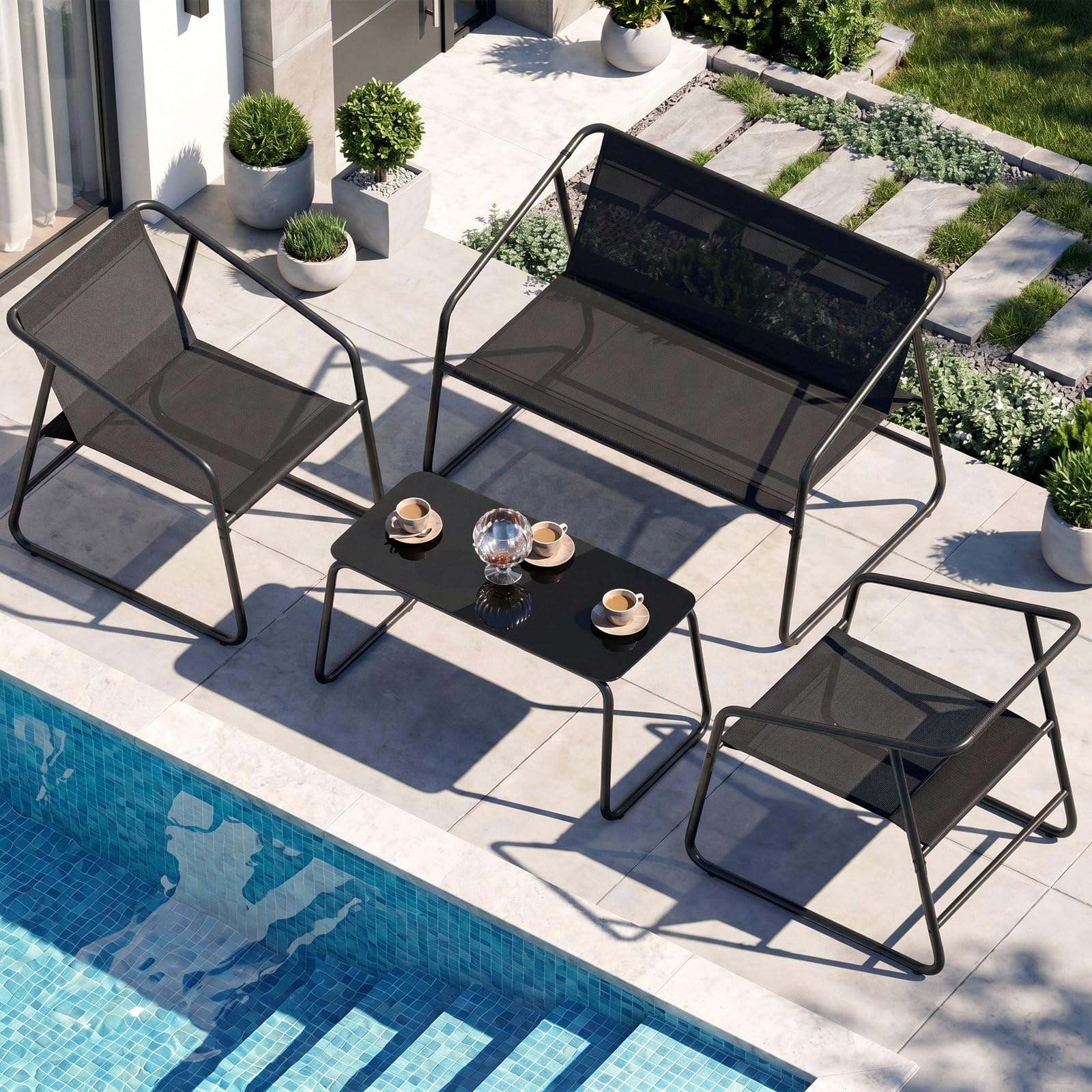 LIFERUN Gartenmöbel Set 4-TLG für 4 Personen, Textilene Balkonmöbel Set mit 2er Gartenbank, 2 Stühlen & Glastisch, Wetterfeste Outdoor Sitzgruppe, für Terrassen, Gärten und Außenbereiche