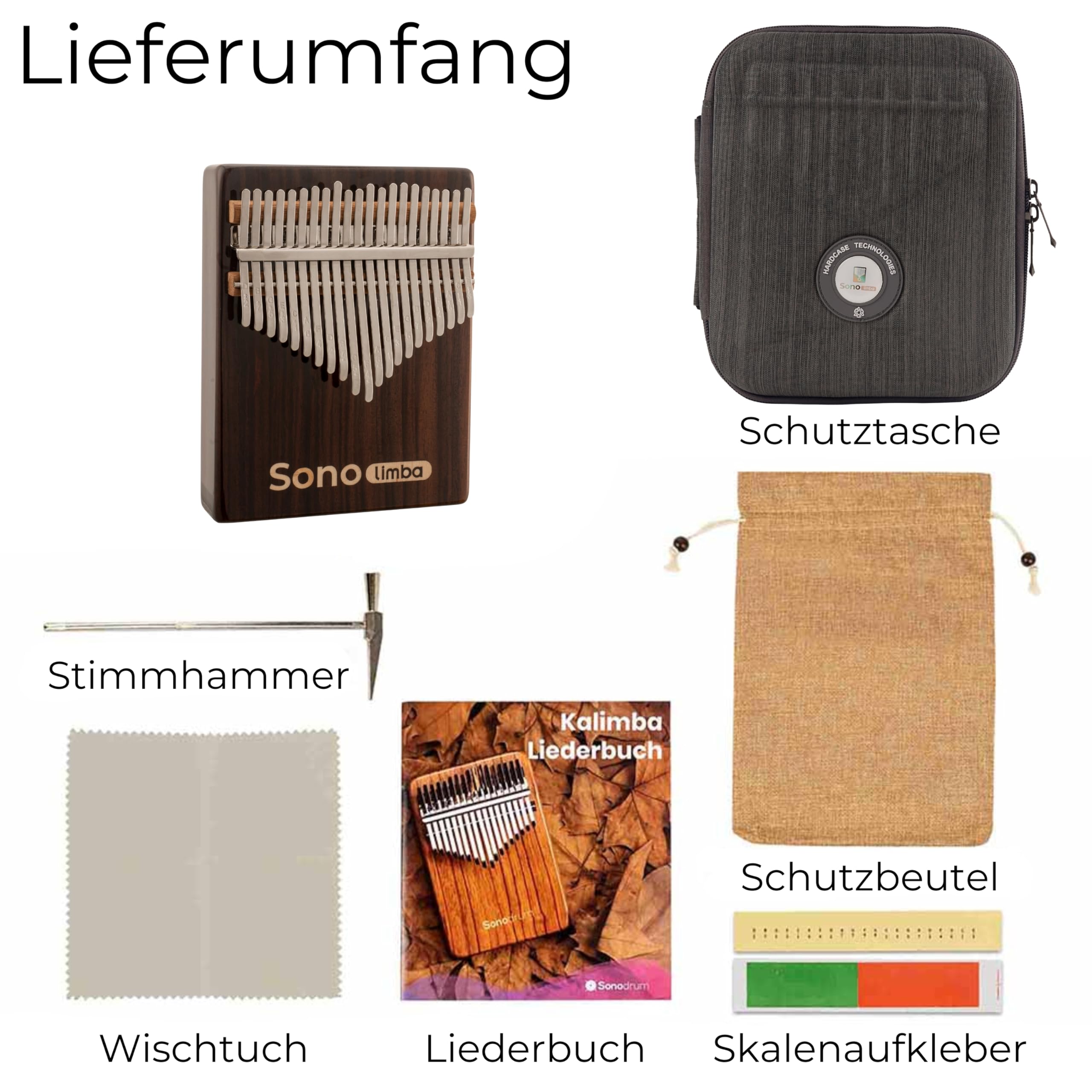 Kalimba "Sonolimba" mit 21 Schlüsseln in C - Dur aus Rosenholz - Daumenklavier inkl. Set mit Liederbuch, Schutztasche, Stimmhammer und weiteres. Kalimba Instrument für Kinder und Erwachsene.