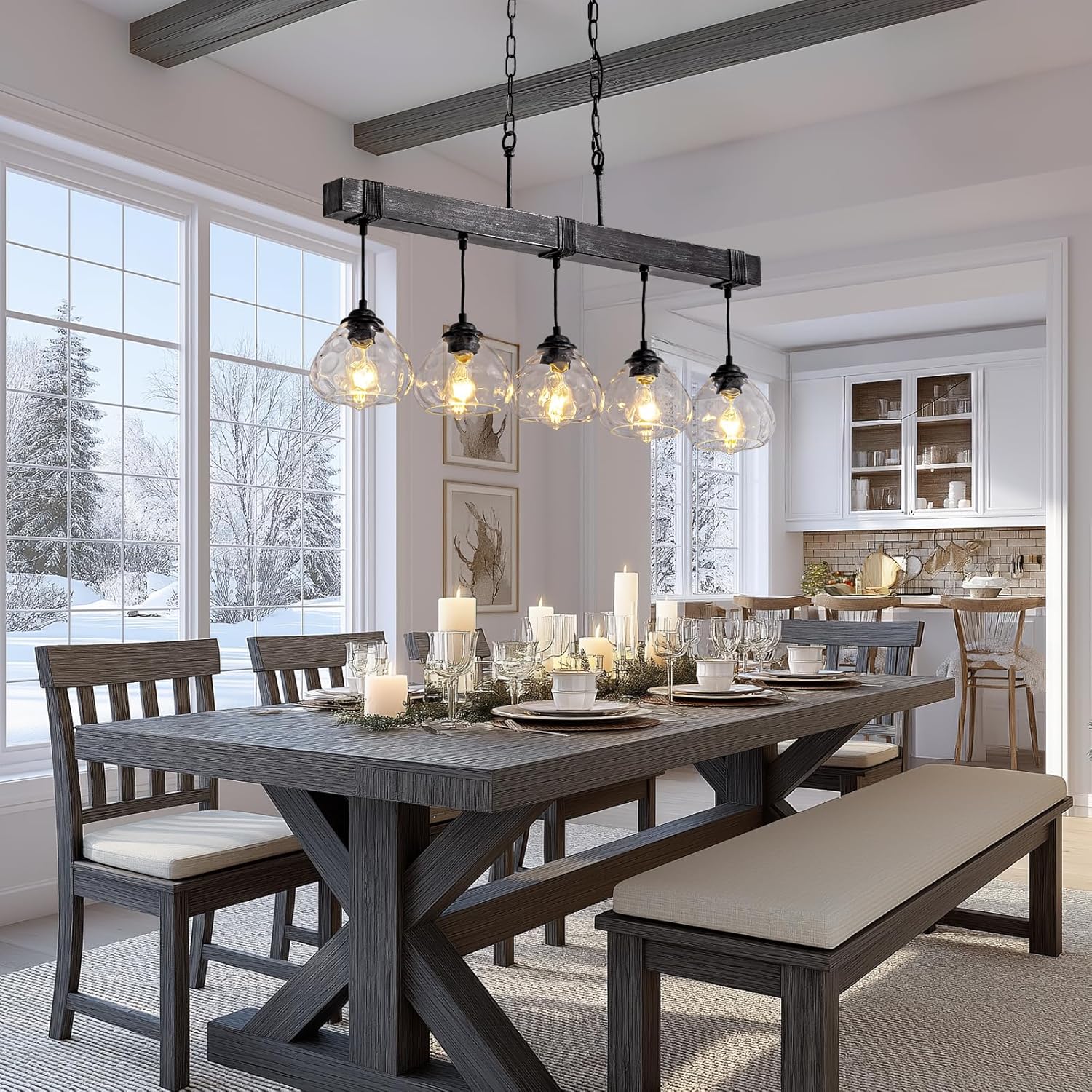 Linear Chandelier for Dining Room, Modern 5-Light Kitchen Island Lighting,Black Farmhouse Linear Chandelier with Glass Shades, L39IN+W5.5IN+H7.9IN