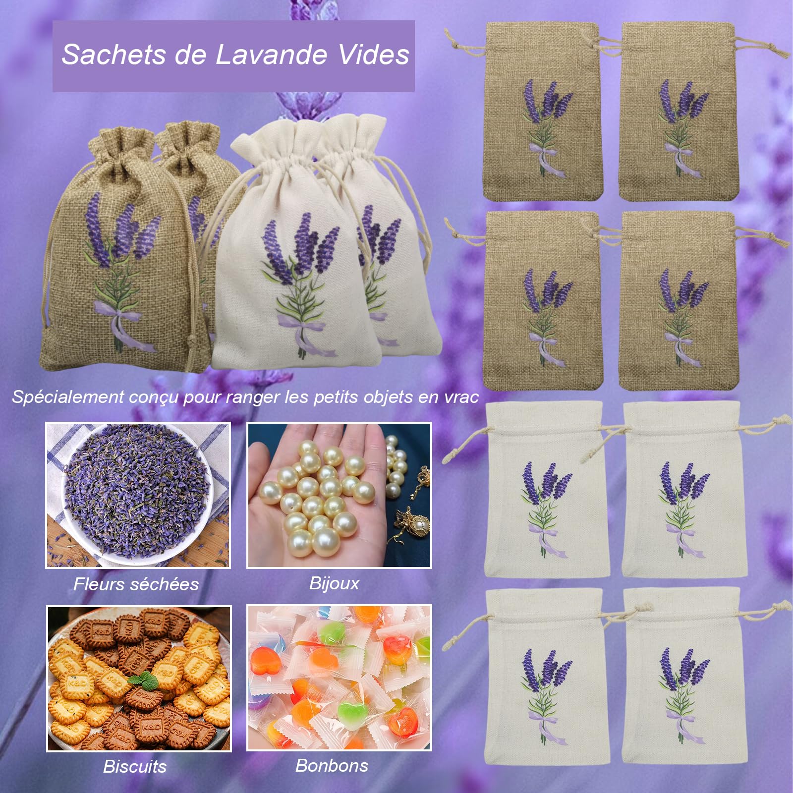 18 Pièces Sachet Vide pour Lavande, Sachets Parfumés Lavande avec Cordon de Serrage, pour Bijoux de Mariage, épices et Herbes