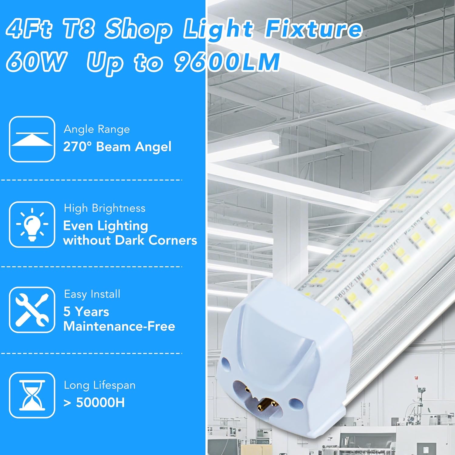 T8 LED Shop Lights 4FT Garage Lights, 4 Pack 60W 9600LM 6000K Daylight Work Lights Ceiling Light, Linkable Plug & Play, Energy-Saving for Bedroom Warehouse Basement(2-V4-4FT-4PCS)