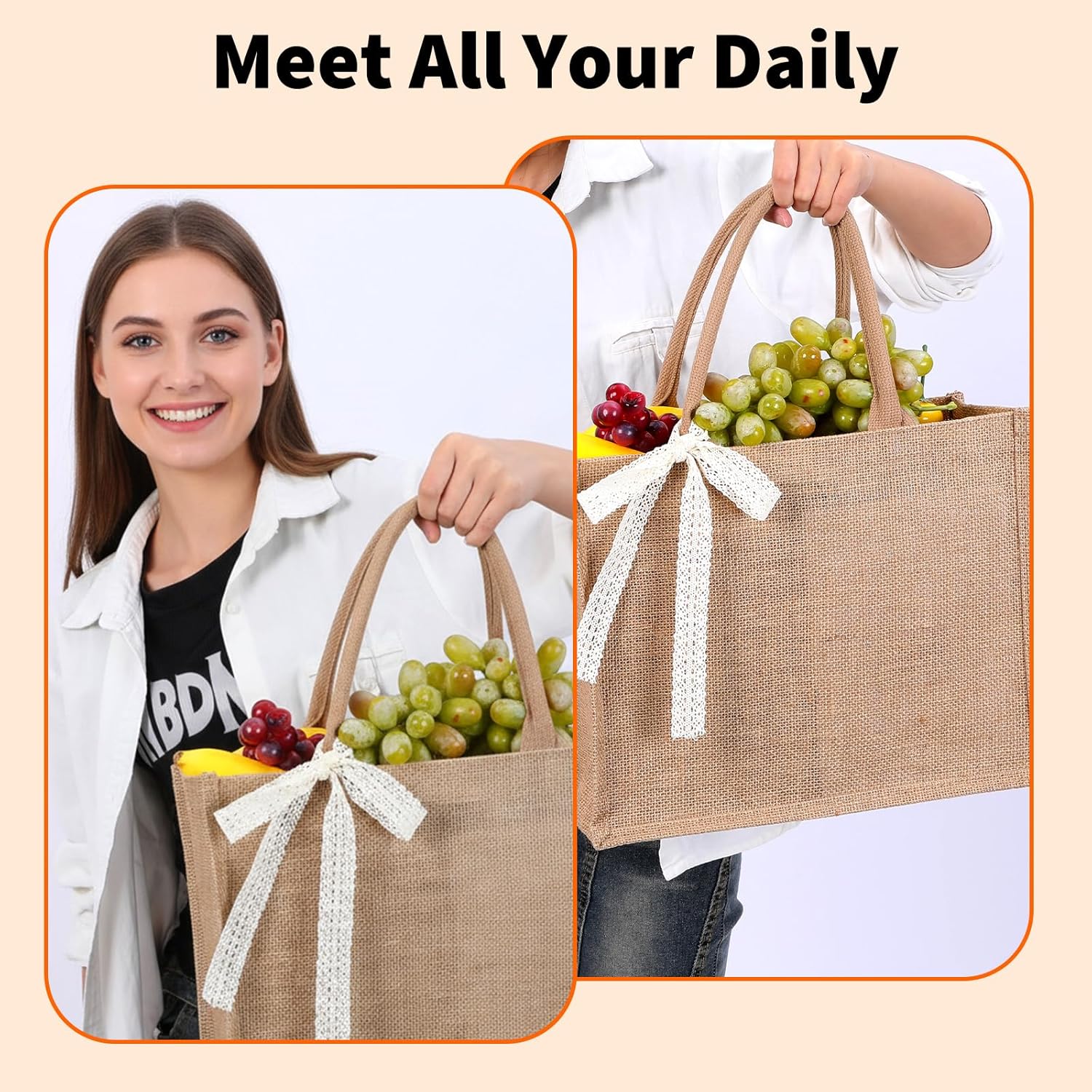 8pcs Burlap Tote Bag Set with Handles, Waterproof Reusable Blank Water Resistant Grocery Bags with Ribbon Large Jute Tote 13.7*5*11 Inch for Women Bridesmaid Gift Beach Shopping Wedding Travel DIY