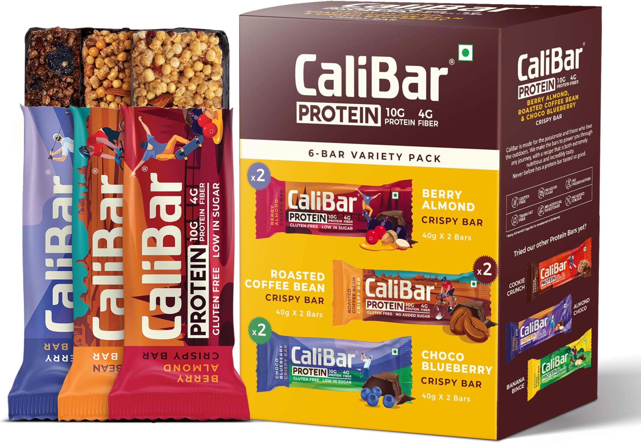 CaliBar 10g Protein Bar - Berry Almond + Roasted Coffee Bean + Choco BlueBerry Crispy Bar (Combo Pack of 6) Variety Pack , With Real Coffee, With Real Bits of Cranberry & Blackcurrant, Low In Sugar, Sweetened With Honey, Gluten-Free, 4g Fiber, No Preservatives, Delicious Taste & 100% Veg. | Guilt-Free snacking for High Protein diets, Sustained Energy, Fitness & Immunity (40g x 6 Bars)