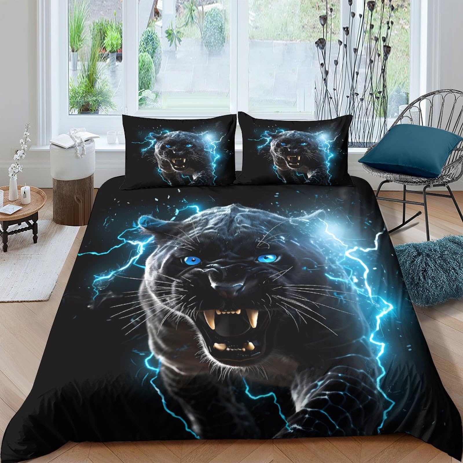Ctjqhvkz Style-4 3D Printed Electric Panther Fitted Sheet Microfiber Soft Black Lightning Bed Cover For Bedroom Decor Protection Single（135X200cm）
