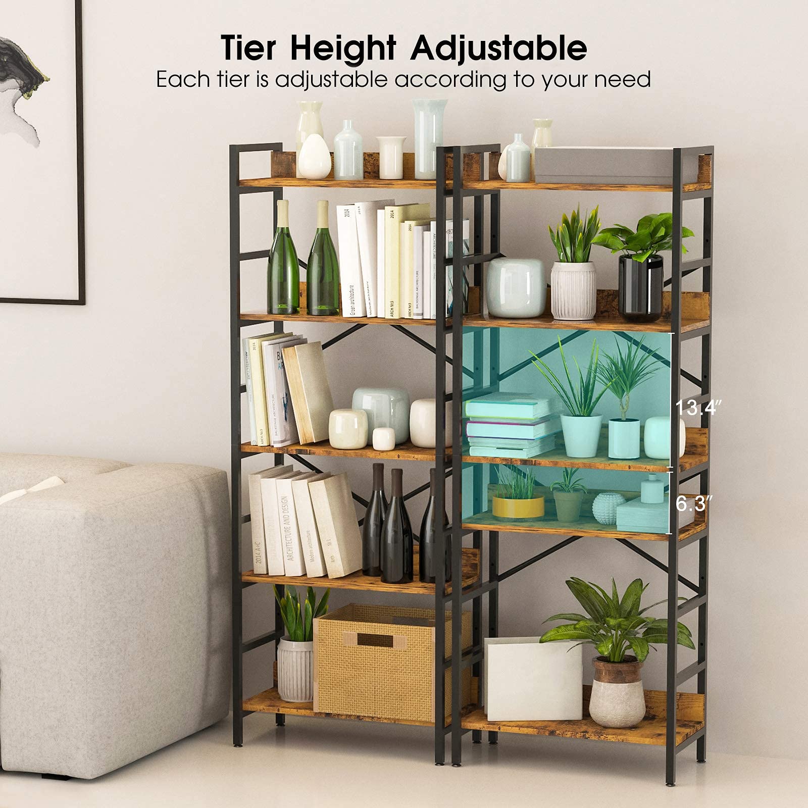 Suaylla 5 Tier Adjustable Tall Bookshelf,Open Back Standing Storage