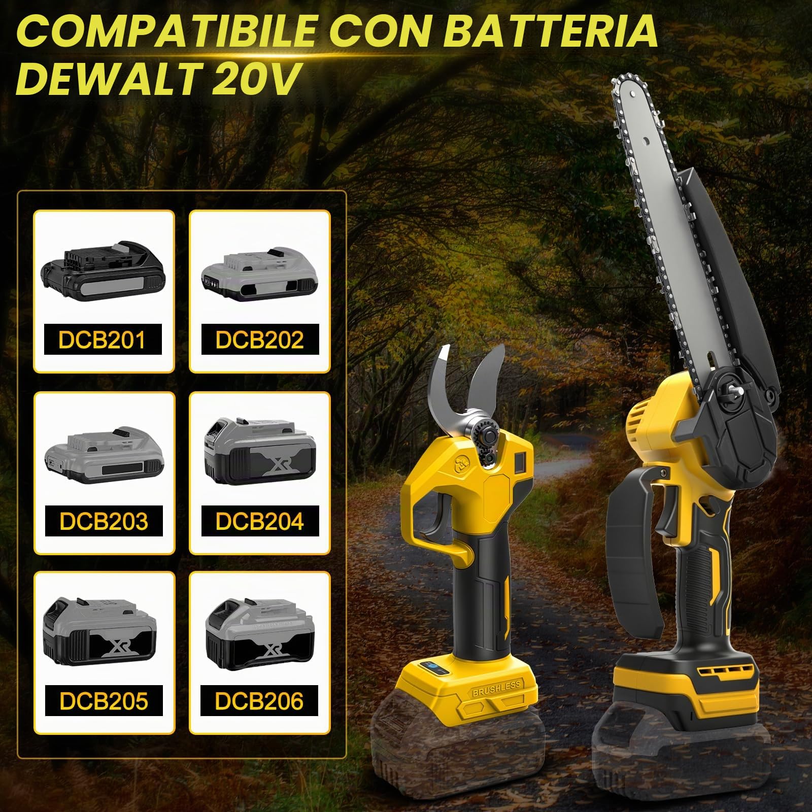 Mini Motosega 8 Pollici con Prolunga + Cesoie Elettriche 30 mm Compatibile con Batteria DeWalt 20V, Set Attrezzi da Giardino 4 in 1 Portata Massima 4,57 m per Potatura Alberi (Senza Batteria)