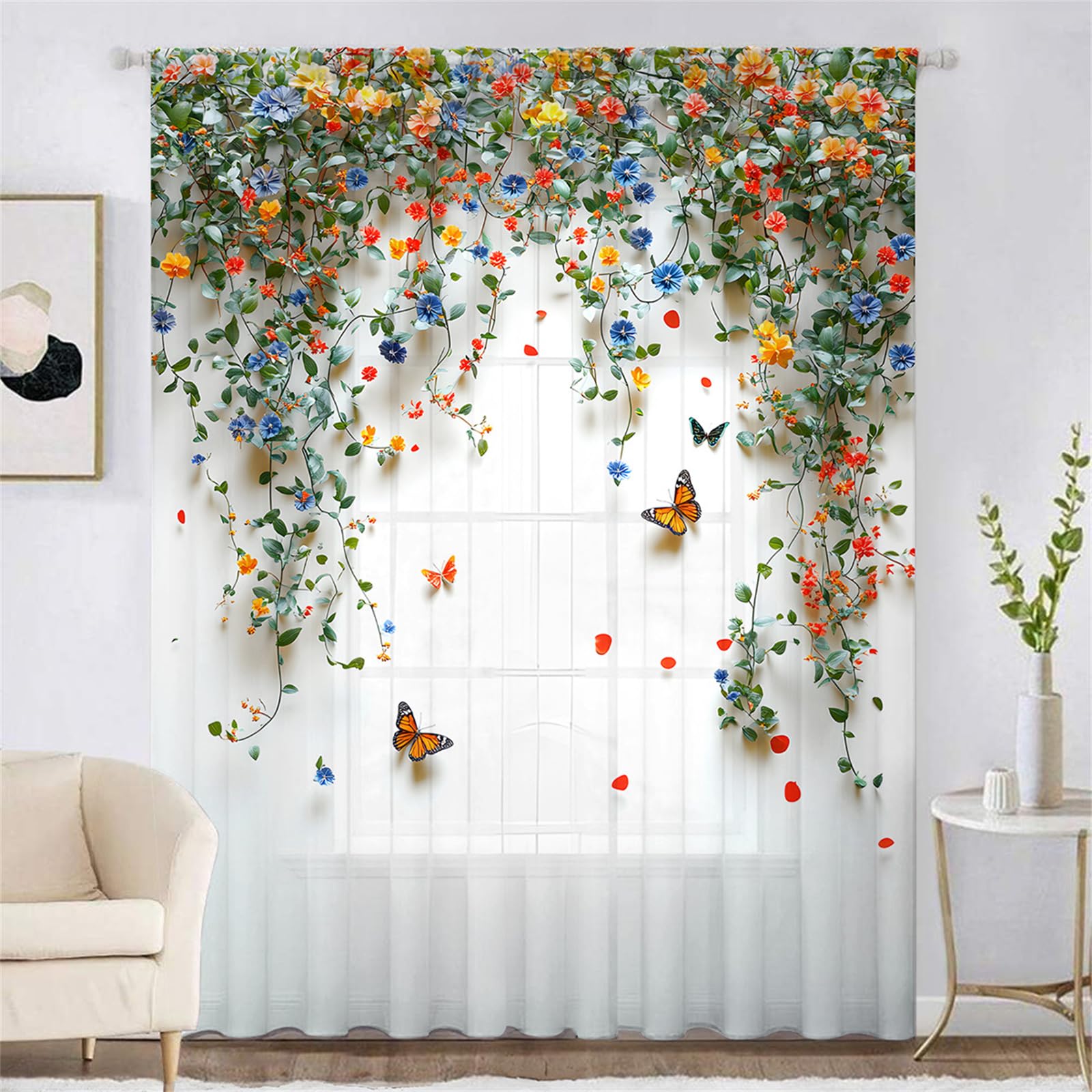 Surwin Net Curtains for Windows, 1 Panels Voile Curtain Series with Eyelets, Romantic Flowers Pastoral Semi Transparent Lightweight Voile Panel for Living Room Bedroom Balcony (Multicolor,W132xH213cm)
