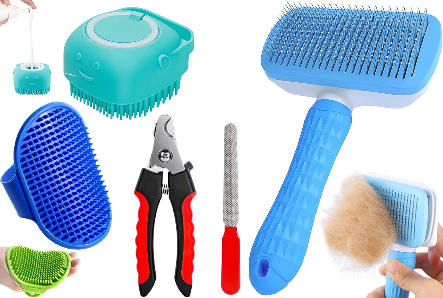 Deriz 4 in 1 pet grooming kit dog brush cat comb silicone bath scrubber nail clipper file self cleaning hair remover shedding tool fur care detangler pet bath accessories for dogs cats long short hair