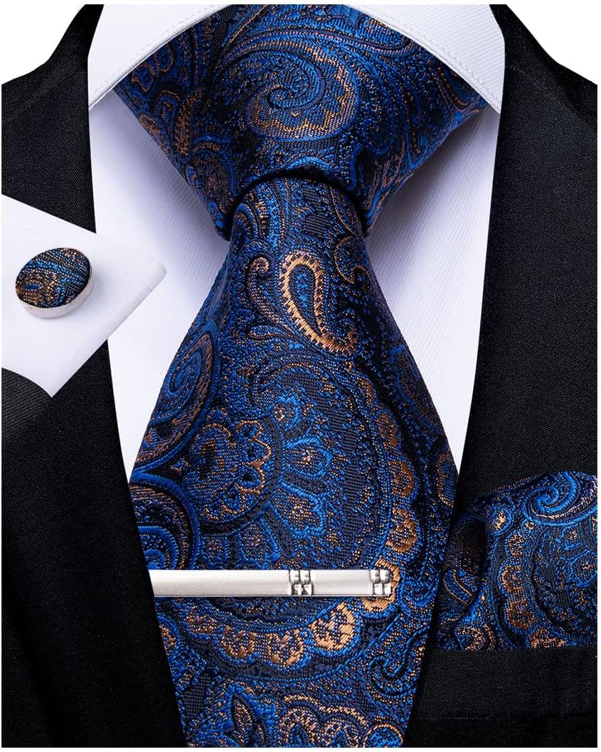 DiBanGuMen's Necktie Handkerchief Silk Paisley Floral Tie Pocket Square Cufflinks Tie Clip Set, 01 Blue