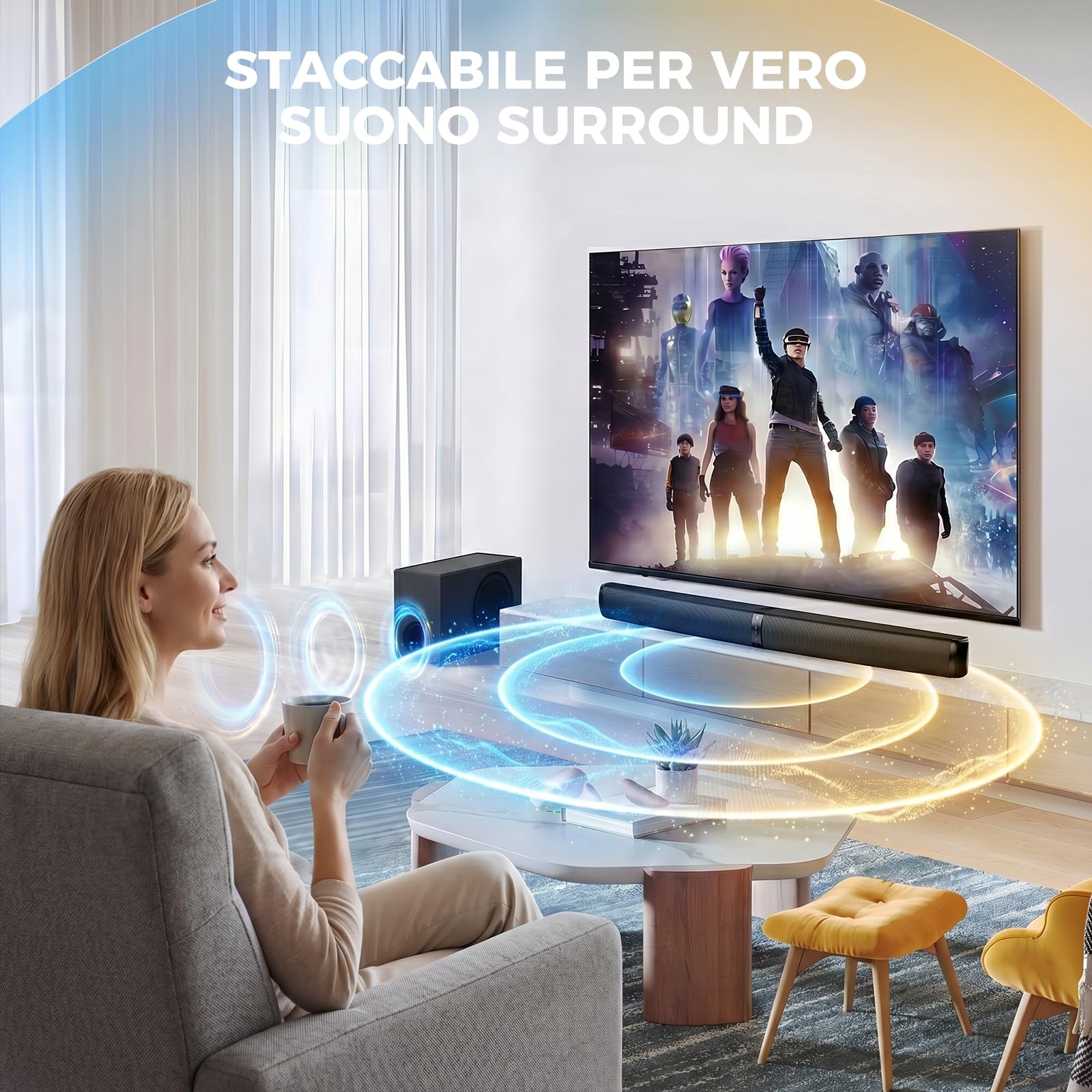 GarageRock Barre de Son avec Subwoofer pour TV, 110 W Peak 2-en-1 Présentateur avec Adjustable Deep Bass, Bluetooth 5.3/ARC/OPT/AUX, Surround Sound System pour TV/PC/Projecteurs/Cadeau, 1 Set
