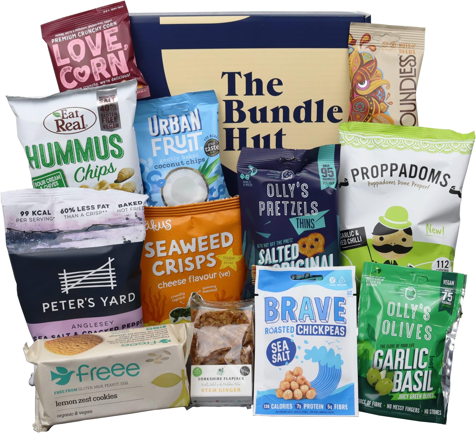 Vegan Snacks Hamper Gift Box from The Bundle Hut - Includes 12 Different Vegan Snacks - Yorkshire Flapjack, Olly's Olives, Peter's Yard Sourdough Bites, Cookies & more - Vegan Gifts for Women & Men