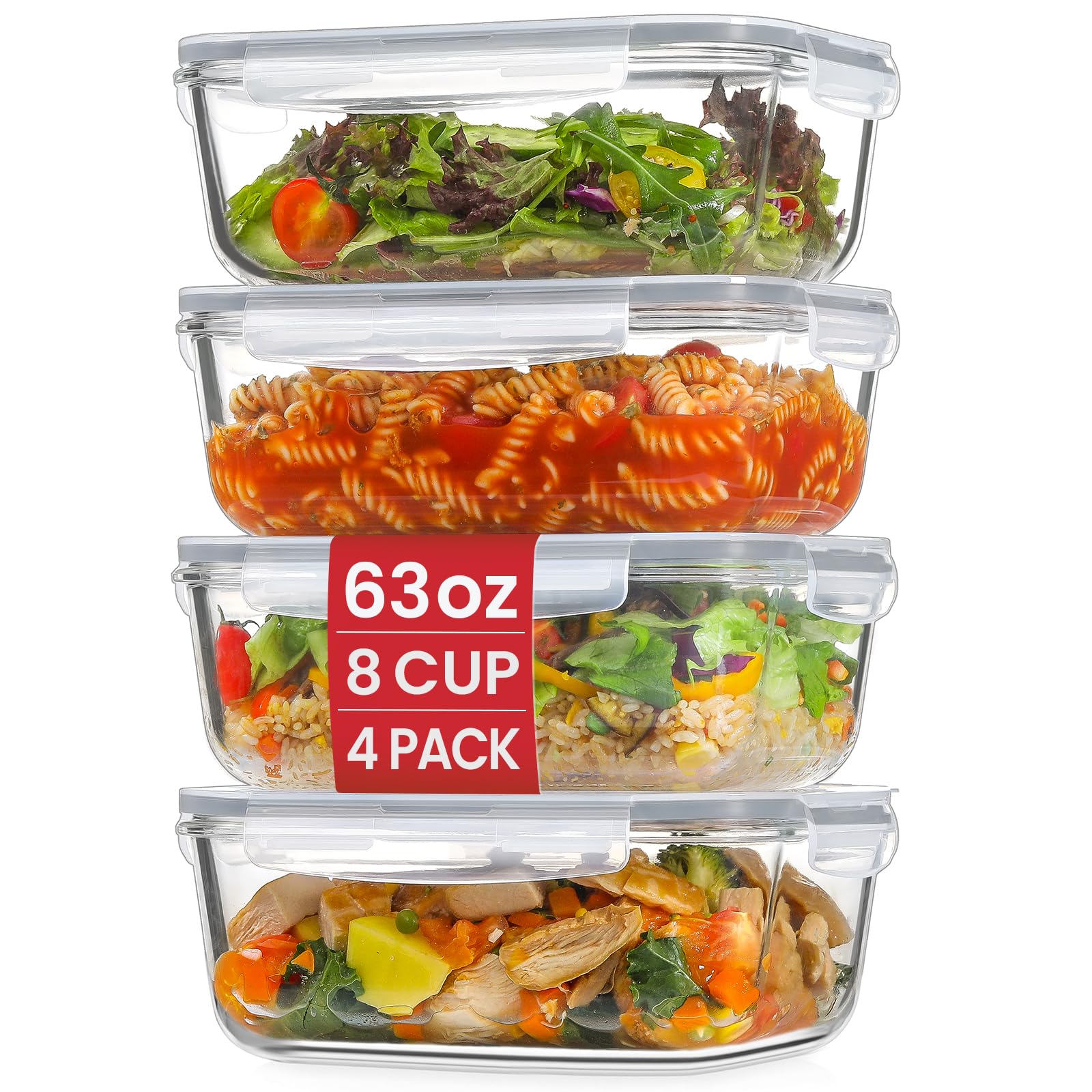 Snuvid 4 Pack 8 Cups/ 63oz Large Glass Storage Containers