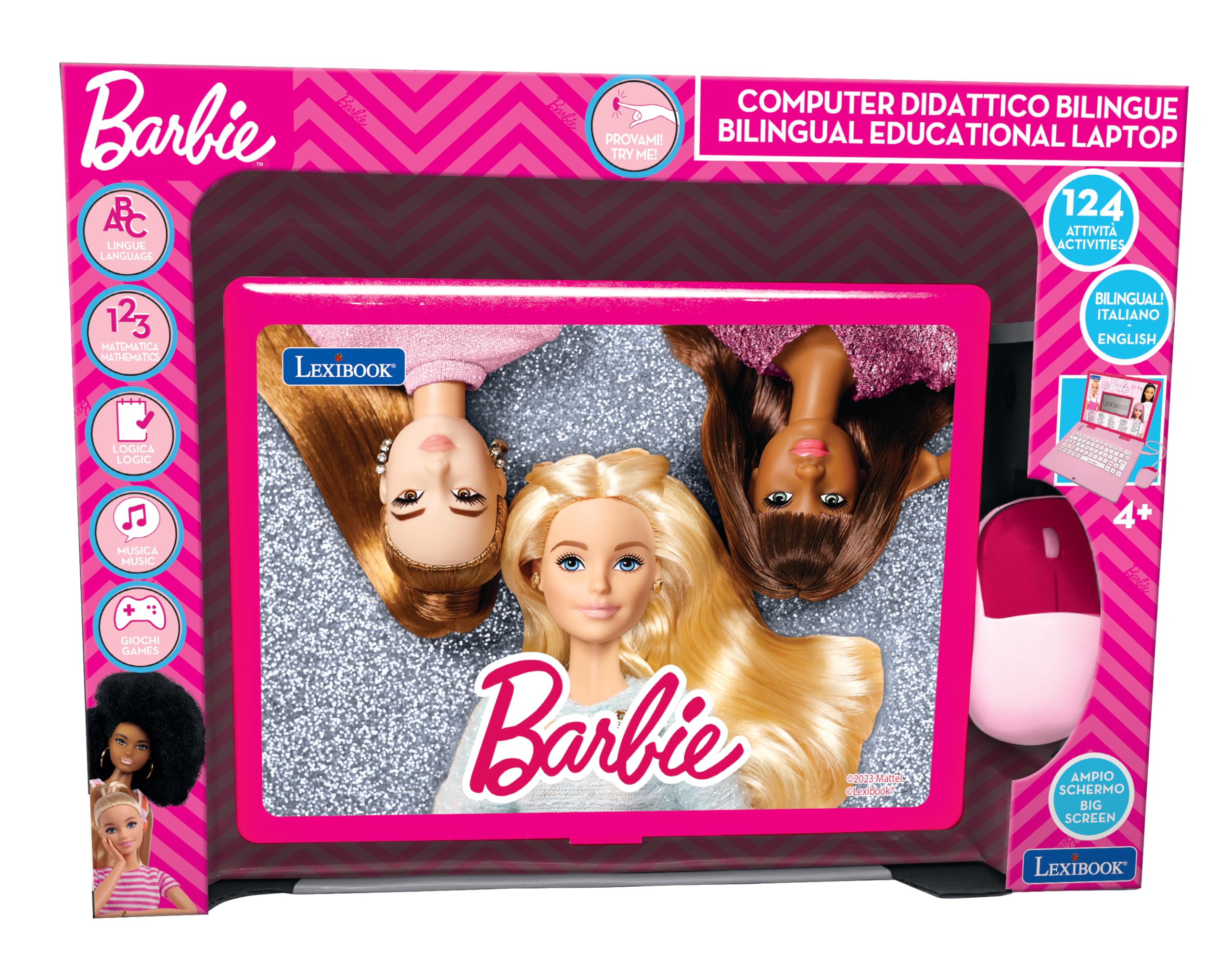 Lexibook Barbie, Laptop educativo e bilingue in inglese/italiano, giocattolo per bambini con 124 attività per imparare, giochi e musica, rosa, JC598BBi5LXB