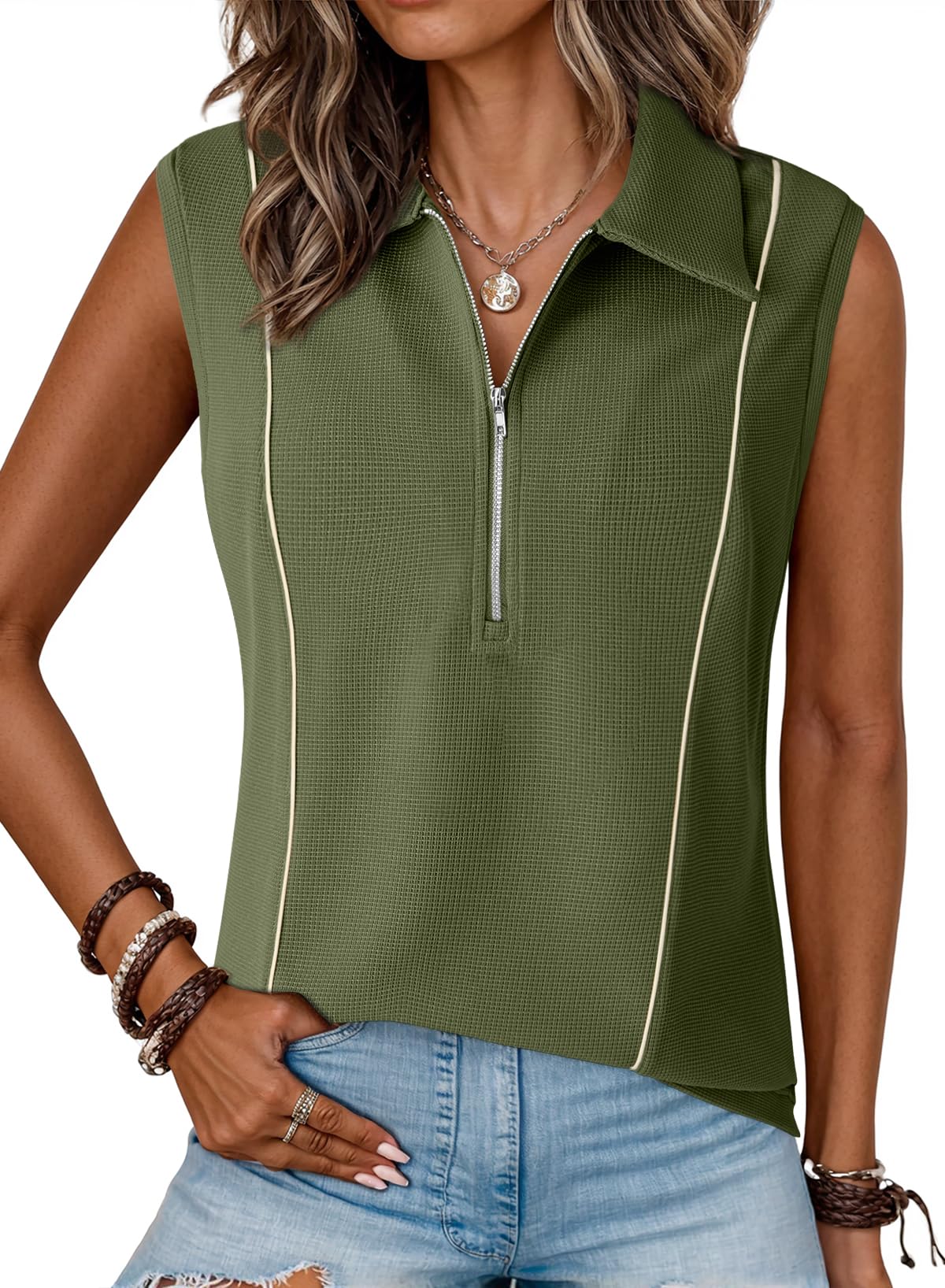 Dokotoo Women’s Summer Tops Collared Shirts V Neck Tank Top with Zipper Casual Dressy Sleeveless Quick Dry Waffle Knit