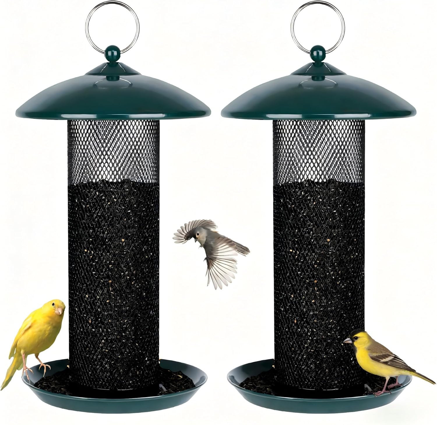 Gtongoko 2 Pack Finch Bird Feeders for Outdoors 2.5 LB Capacity Squirrel Proof Metal Mesh Tube Bird Feeders Thistle & Nyjer Seed Hanging Feeder, Green