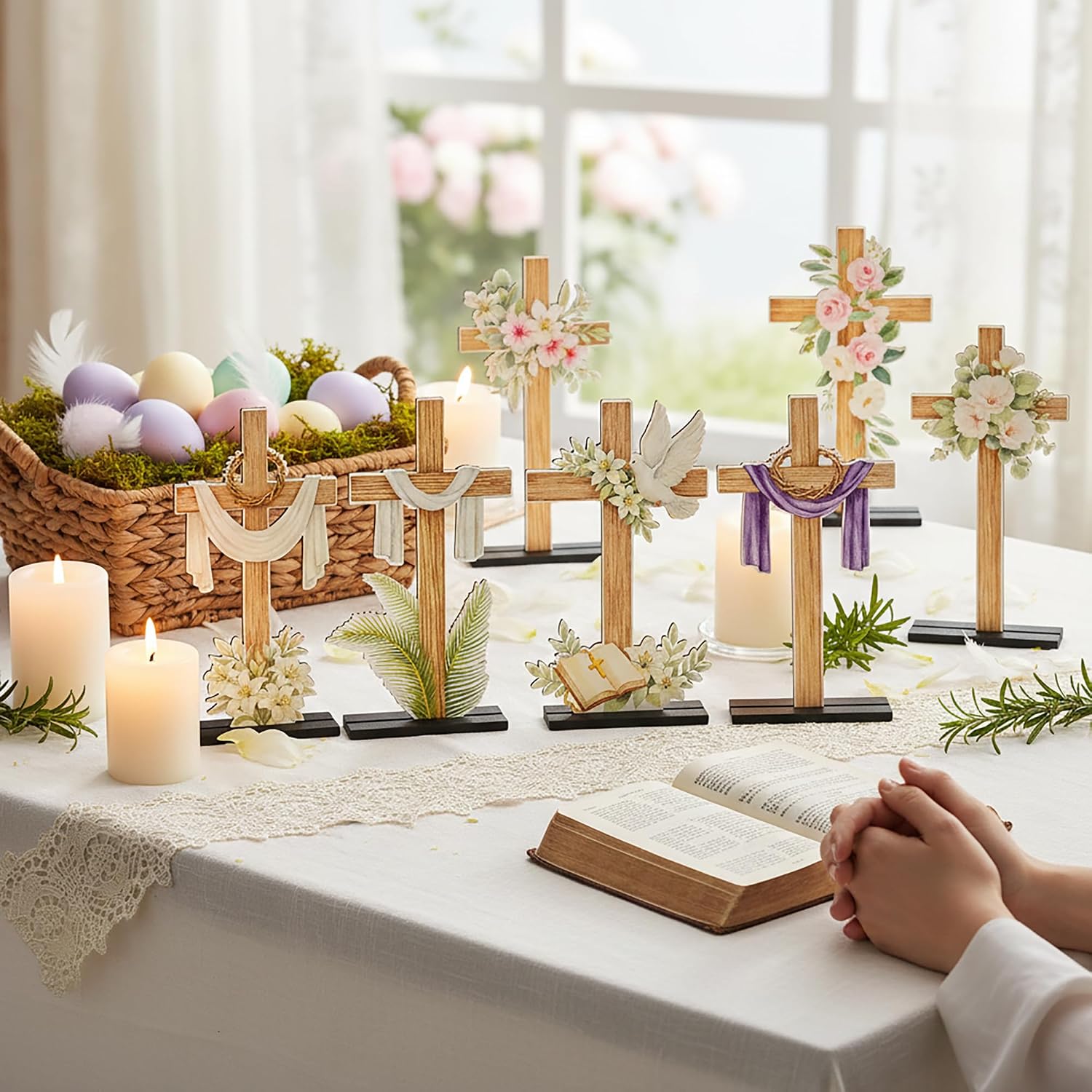 K1tpde Easter Cross Wooden Centerpiece Table Decoration - Lent Religious He is Risen Cross Wood Sign Removable Standing Decorative for Home, Easter Religious Jesus Flower Crosses Church Decor, 9PCS