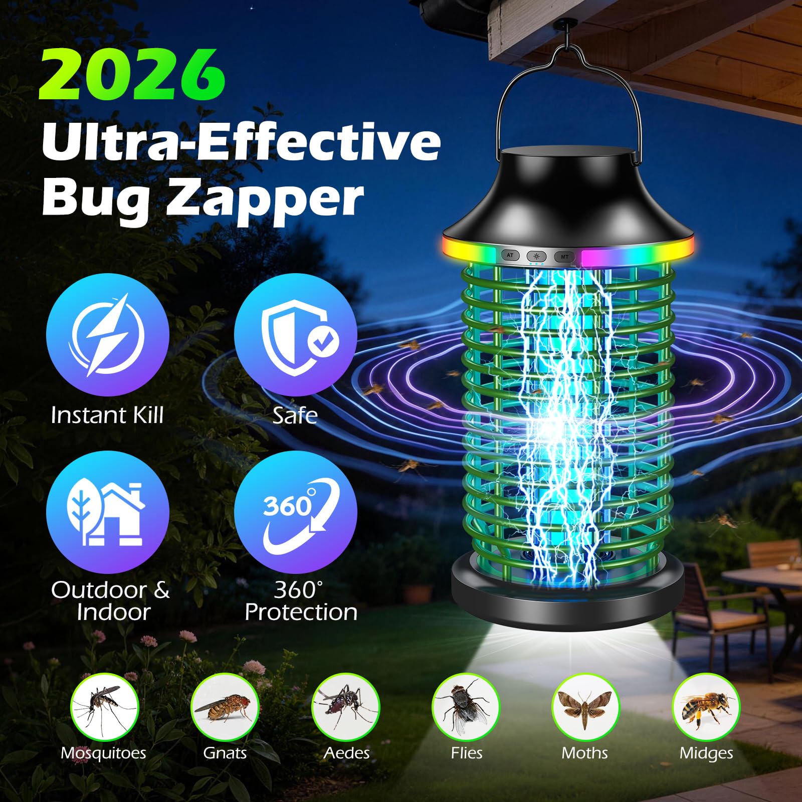 Bug Zapper Outdoor, 2026 aggiornato 6-in-1 Zapper zanzare, portatile, ricaricabile, per esterni, con doppia luce superiore e inferiore, verde