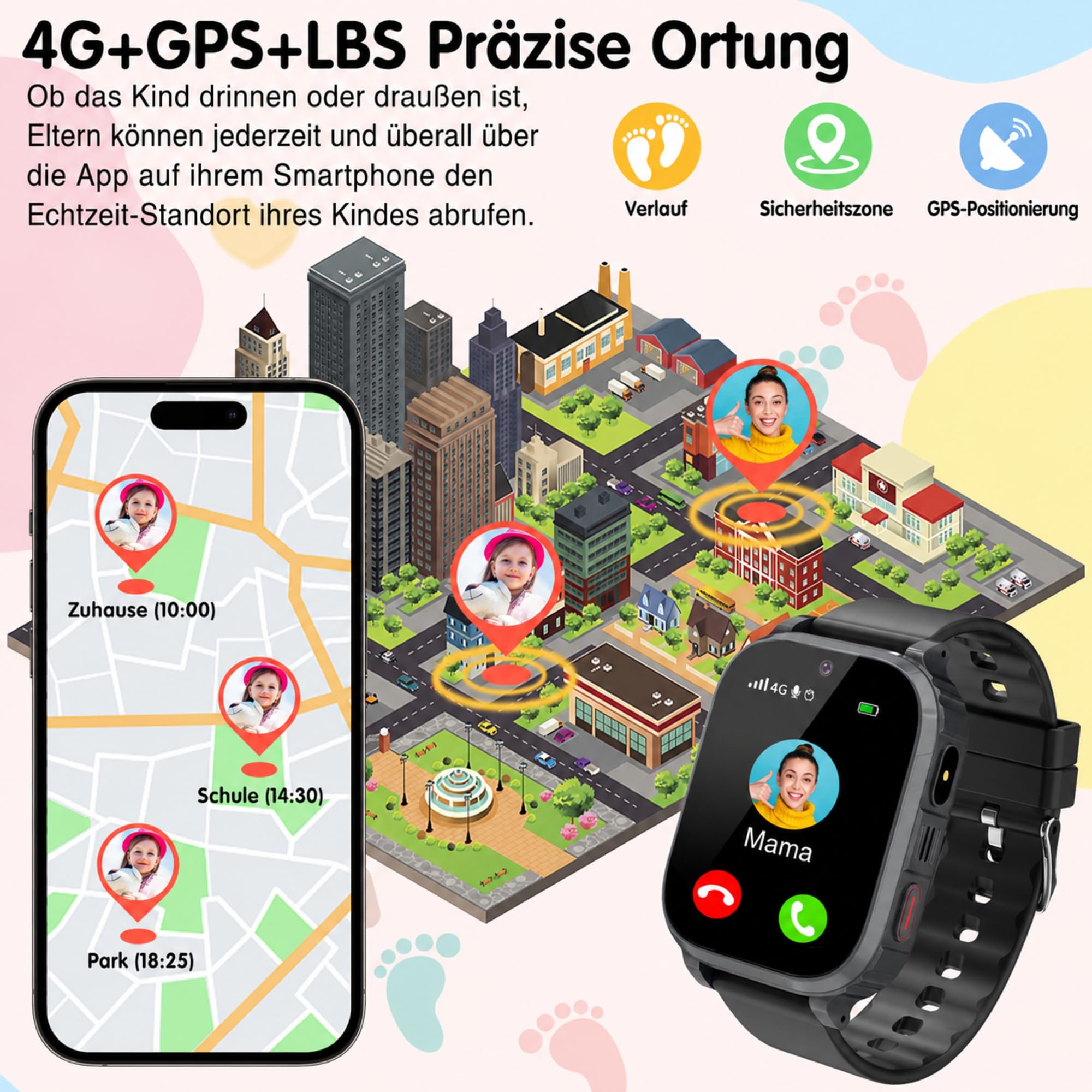 Smartwatch Kinder GPS, SOS, 4G Videoanruf, Schulmodus, WiFi Ortung, IP68 (Schwarz GPS)