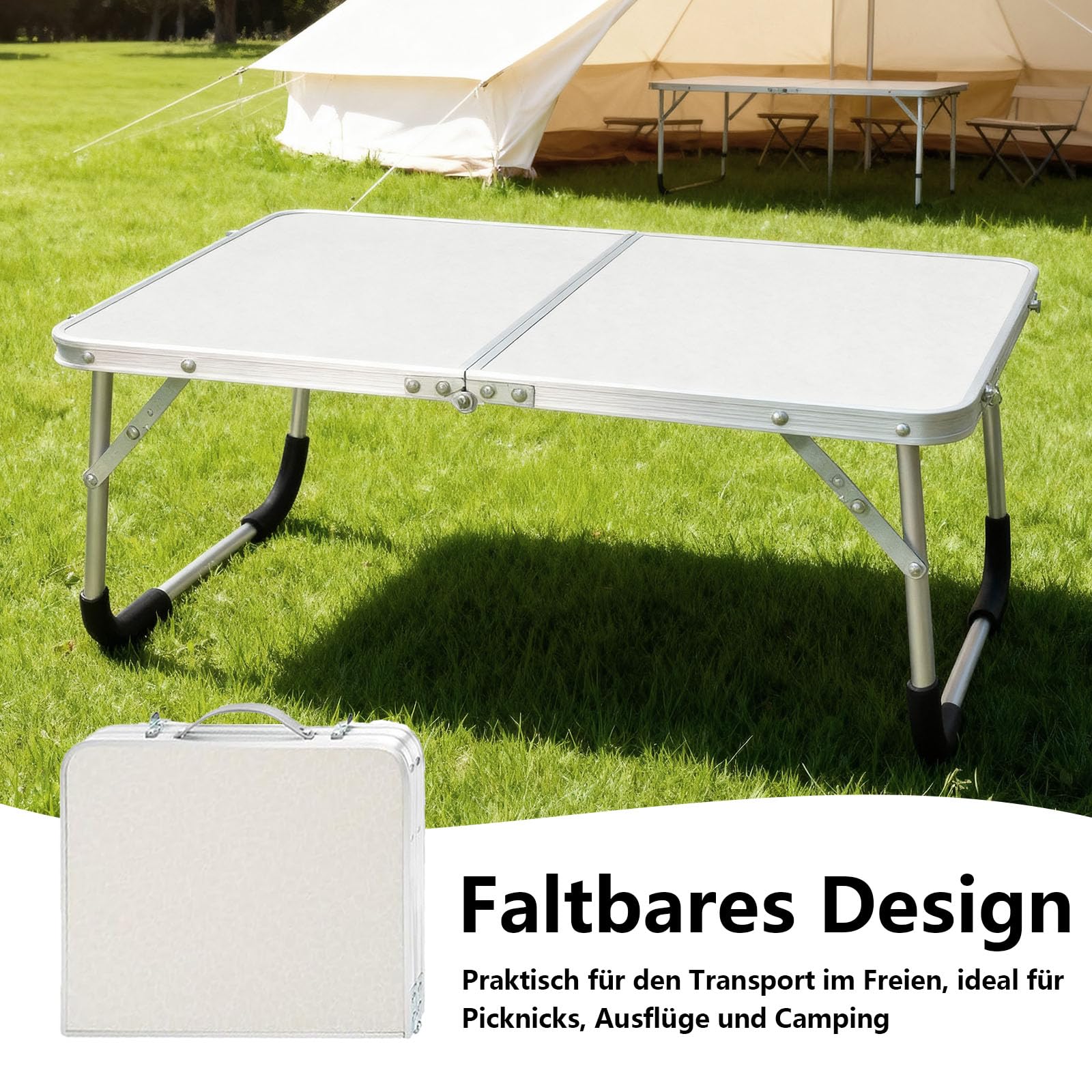Kleiner Klapptisch, 61 x 40 x 26 cm Aluminium Laptoptisch Klappbar, Tragbar Betttablett Klappbar mit Griff, Campingtisch kleinklappbar, für Picknicks und Camping, Weiß
