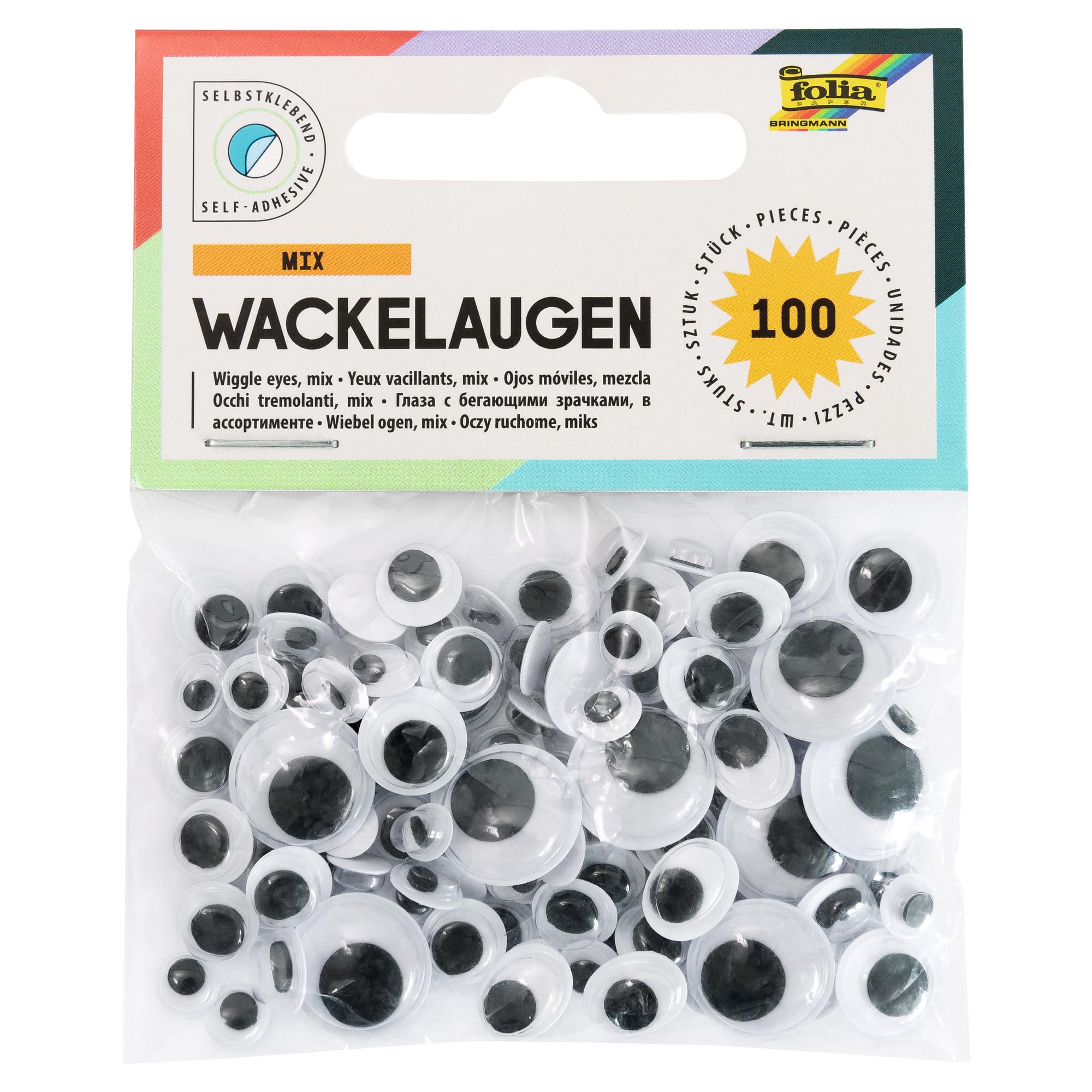 folia 7519 - Wackelaugen selbstklebend, 100 Stück sortiert in 6 verschiedenen Größen - ideal zum Gestalten von Tieren und anderen Figuren