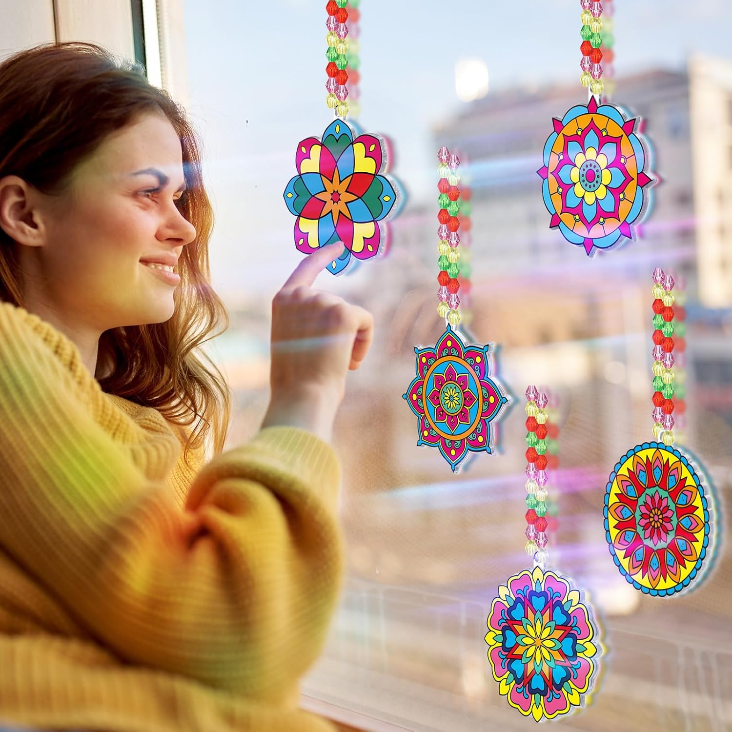 Pasimy 36 Sets Mandala Suncatchers Crafts Kit Flower Window DIY Hanging Ornaments Decorations Spring Summer Paint Your Own Activities Arts Project Party Favors Gifts for Mother Classroom Home