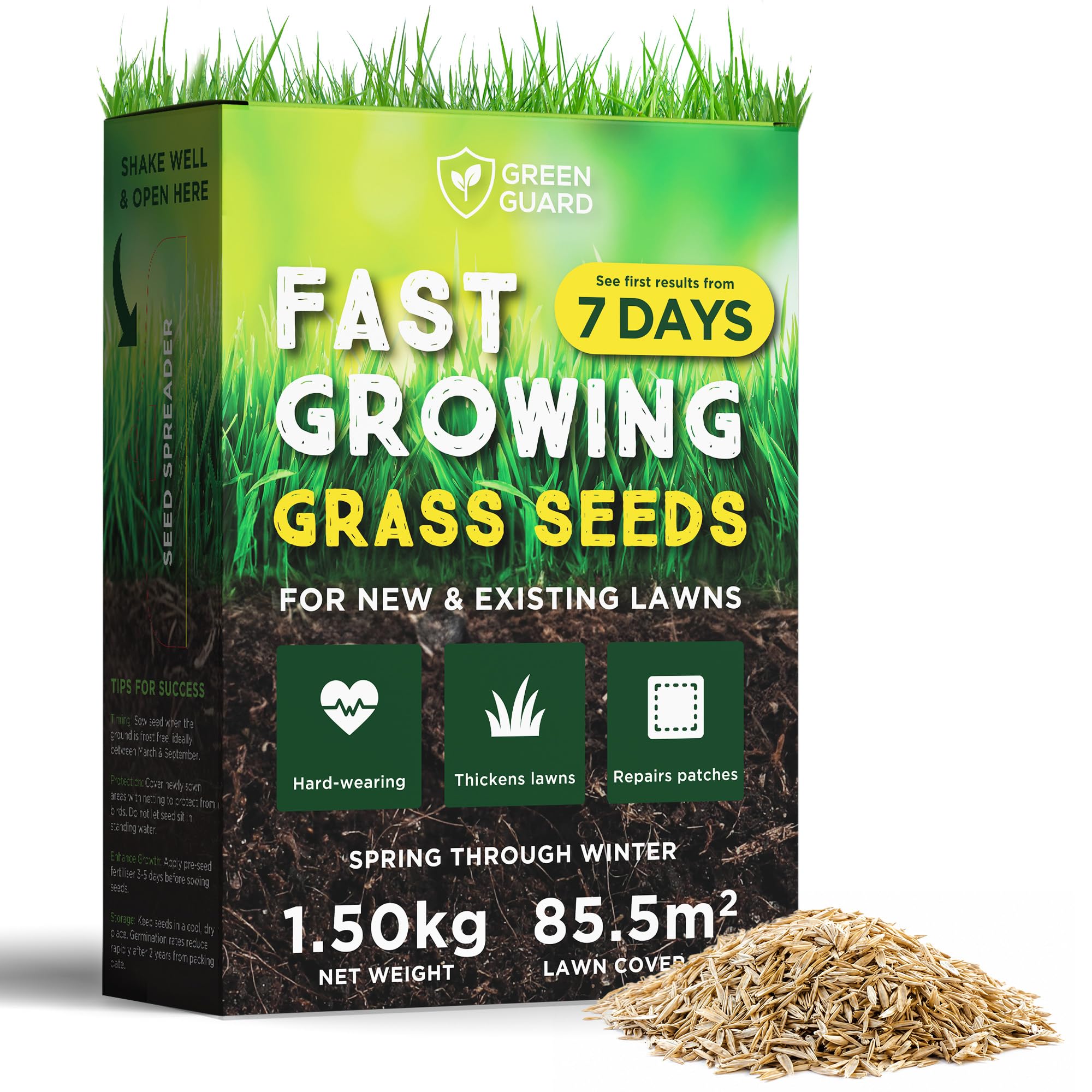 Green Guard Fast Growing Grass Seed 1.5KG - Premium Quality Lawn Seed, Pet Friendly, Quick Germination - Grass Seeds Fast Growing for Lawn Repair Overseeding Shaded Areas - Perfect for UK Climate
