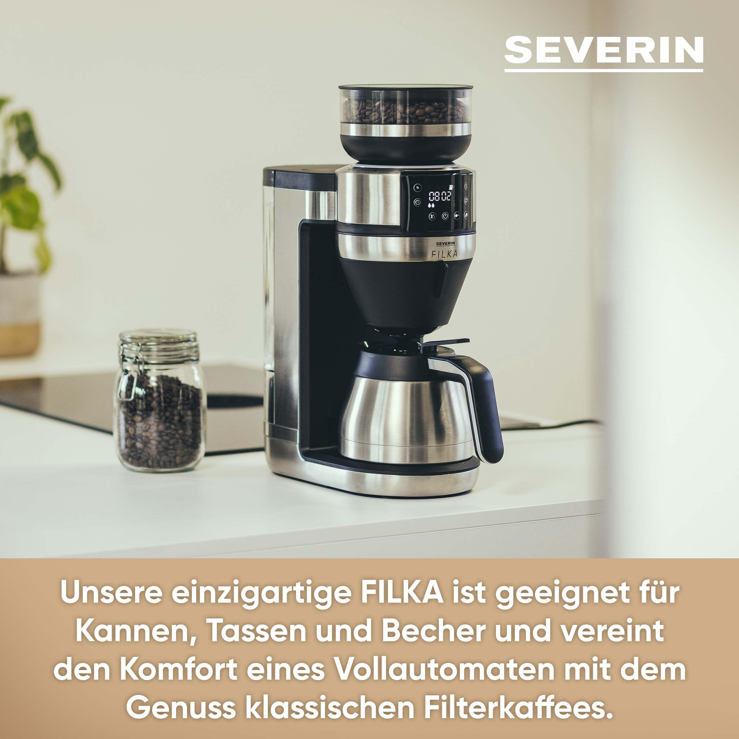 Severin Vollautomat für Filterkaffee, Mahlwerk, 5 Kaffeestärken, 100-350ml, 5-in-1 Filterkaffeemaschine, LED-Display, Warmhaltefunktion, Thermokanne, Filka, schwarz-matt, Edelstahl, KA 4853