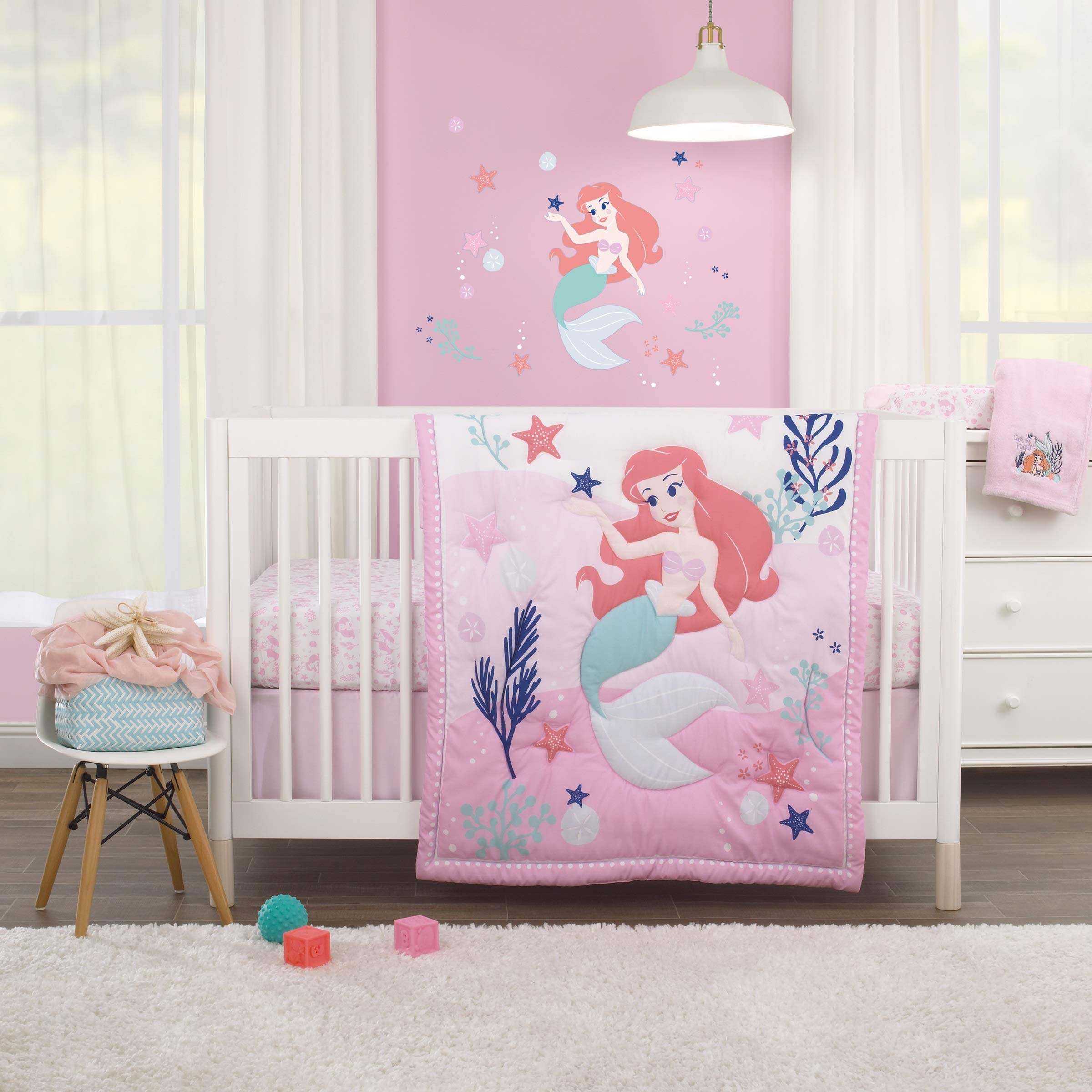 Disney The Little Mermaid Pink, Aqua, Coral Ariel Cute by Nature 3Piece Nursery Crib Bedding Set - Comforter, Crib Sheet, Dust Ruffle, Pink, Aqua, Coral, Navy