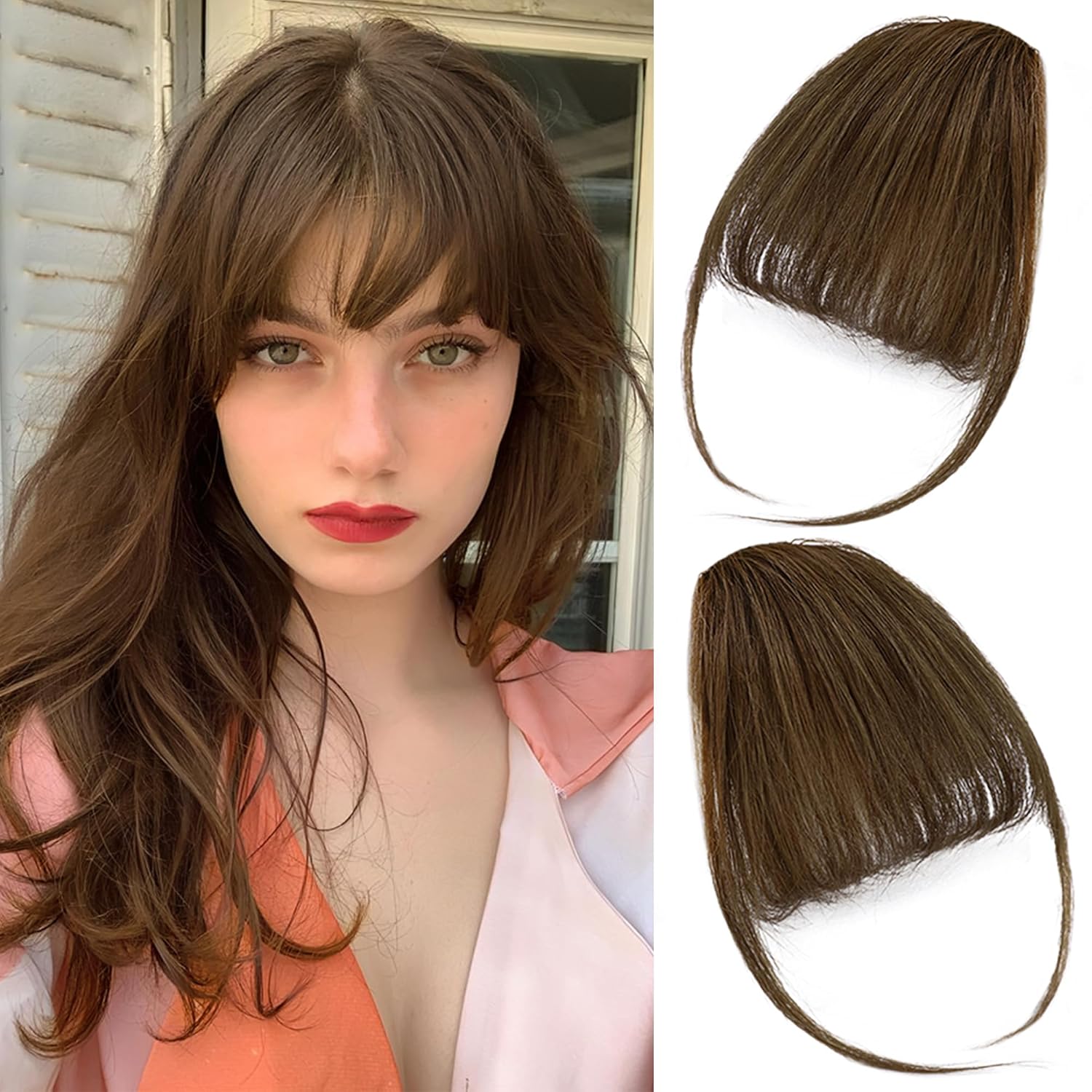 HMD Bangs Hair Clip in Bangs Real Human Hair Wispy Bangs Fringe with Temples Hairpieces for Women Clip on Air Bangs Flat Neat Bangs Hair Extension for Daily Wear(Medium Brown)