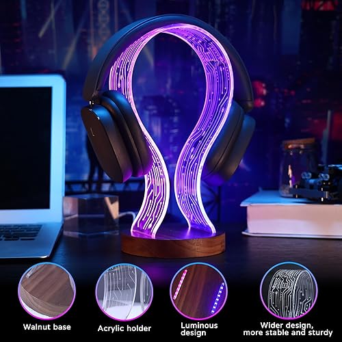 Miniatura 2 de Lampeez Soporte para auriculares con luz nocturna LED azul y rosa, madera de nogal para jugadores, amantes de la música, idea de regalo