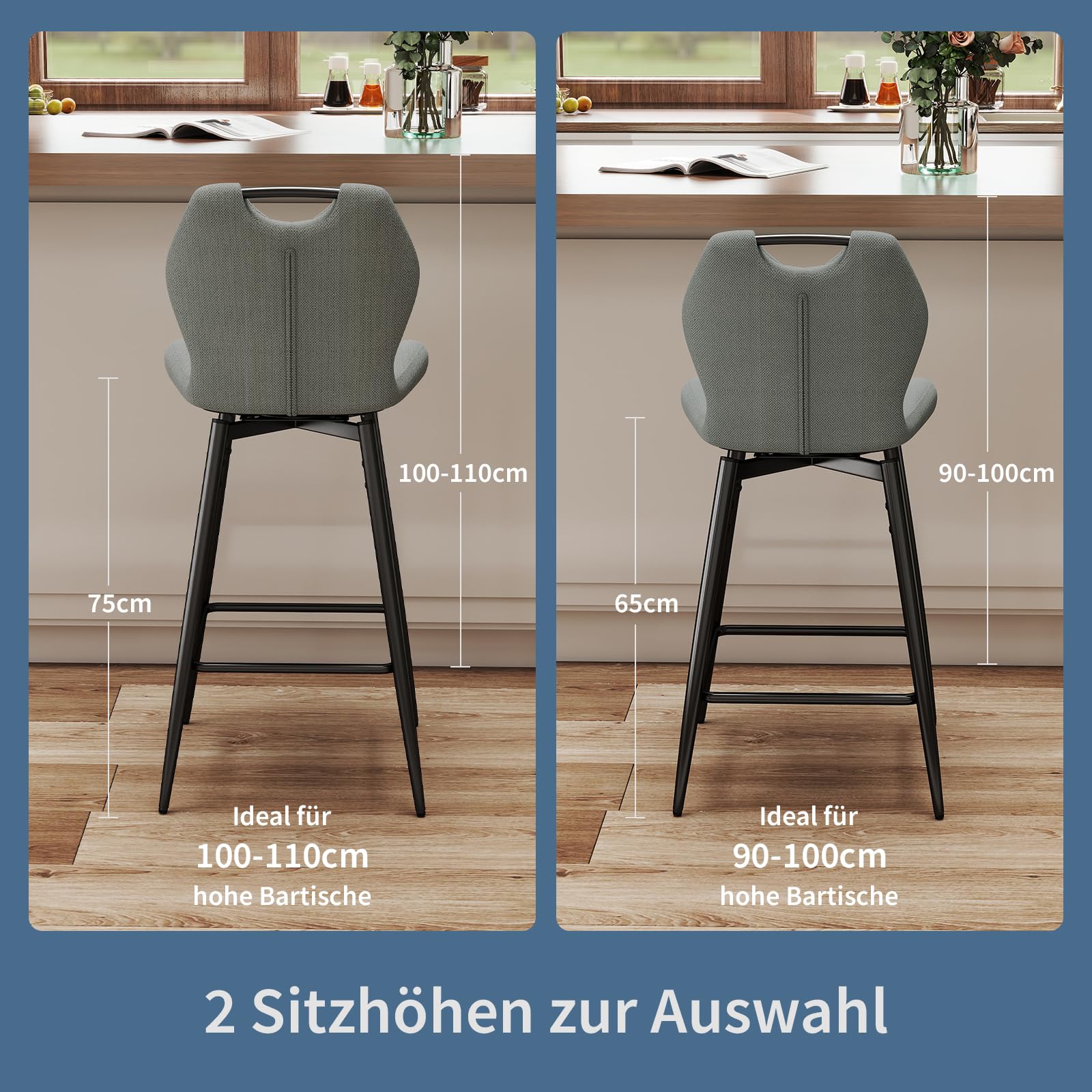 WAFTING 360° Drehbar Barhocker 2er Set, 75cm Sitzhöhe, Atmungsaktiver Barstuhl mit Griff, aus Stoff, Gepolstert, mit Lehne & Fußstütze, für Küche, Theke, Esszimmer, Dunkelgrau