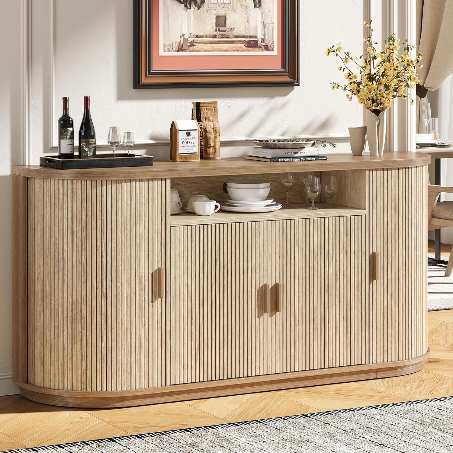63" Sideboard Buffet Cabinet with Storage, Modern Fluted Accent Credenza with Sliding Doors, Drawers and Adjustable Shelves, Wood Coffee Bar Console Table for Kitchen, Living Room, Enrtyway (Oak)