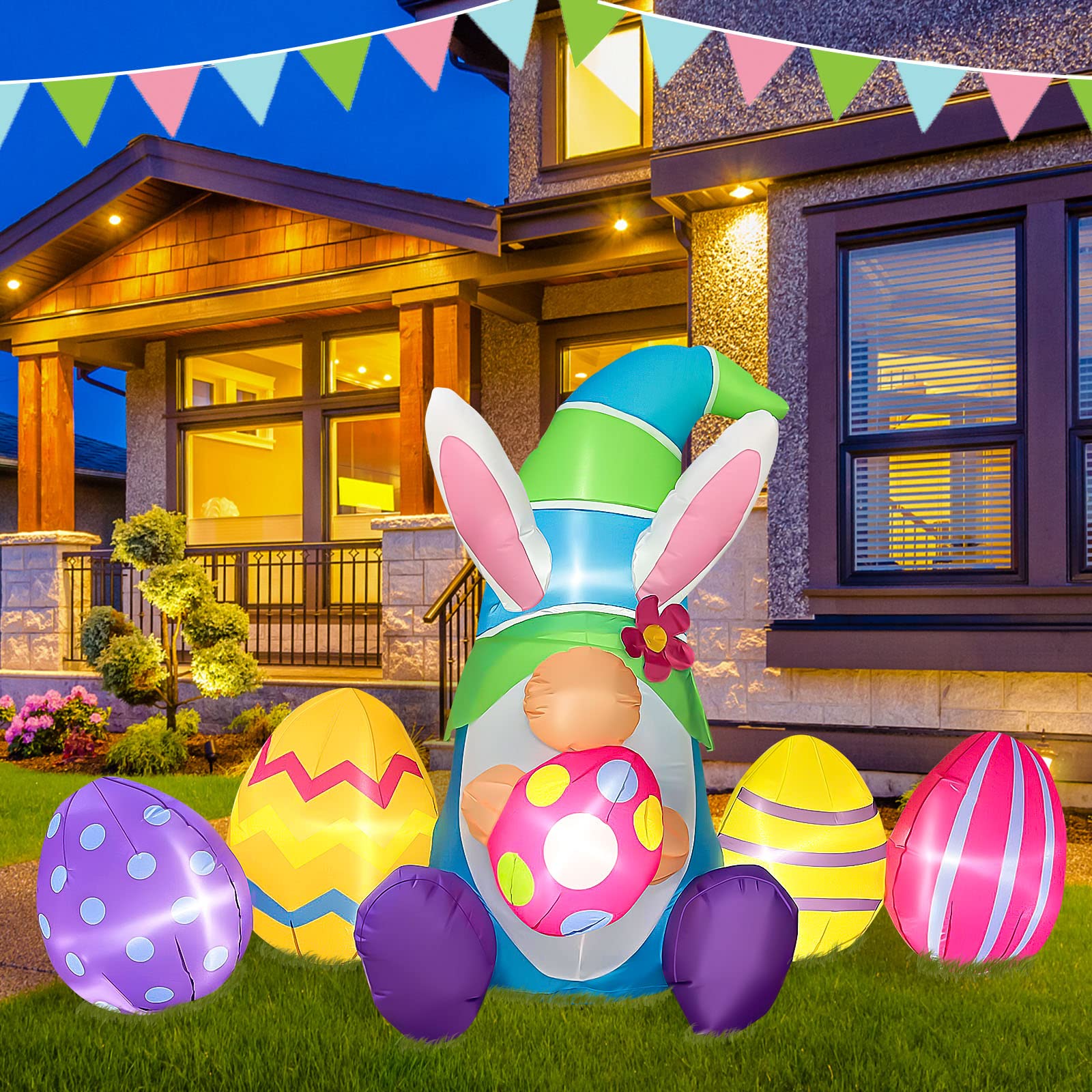 RETRO JUMP 7 Ft Long Easter Inflatables Outdoor Decorations, Inflatable Easter Bunny Gnome with Eggs, LED Light Up Easter Blow up Yard Decorations