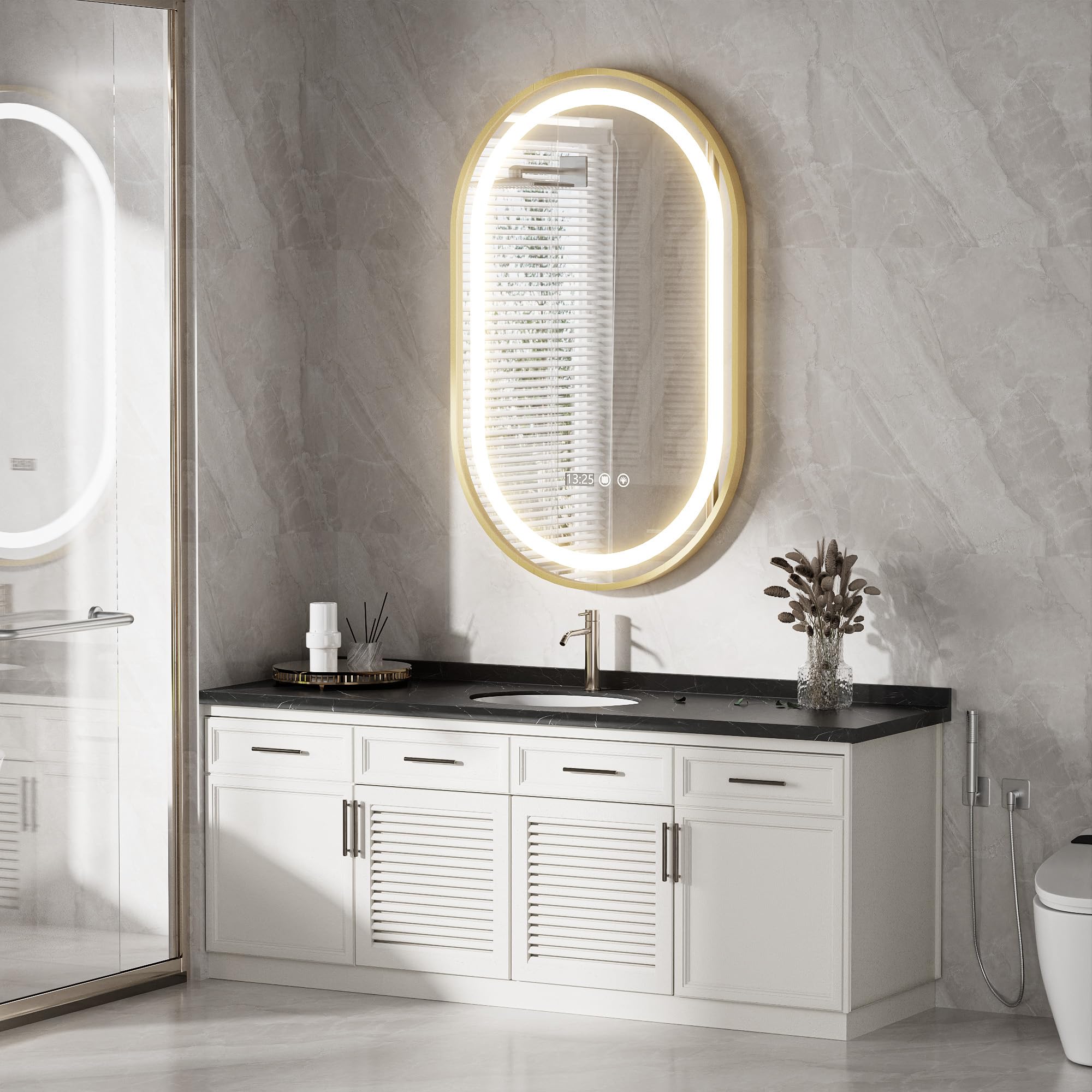 Espejo Baño con Luces y Función de Desempañado 50x80 cm Ovalada LED Espejo de Pared con Reloj y Pantalla de Temperatura para Baño (Enchufe- EU)