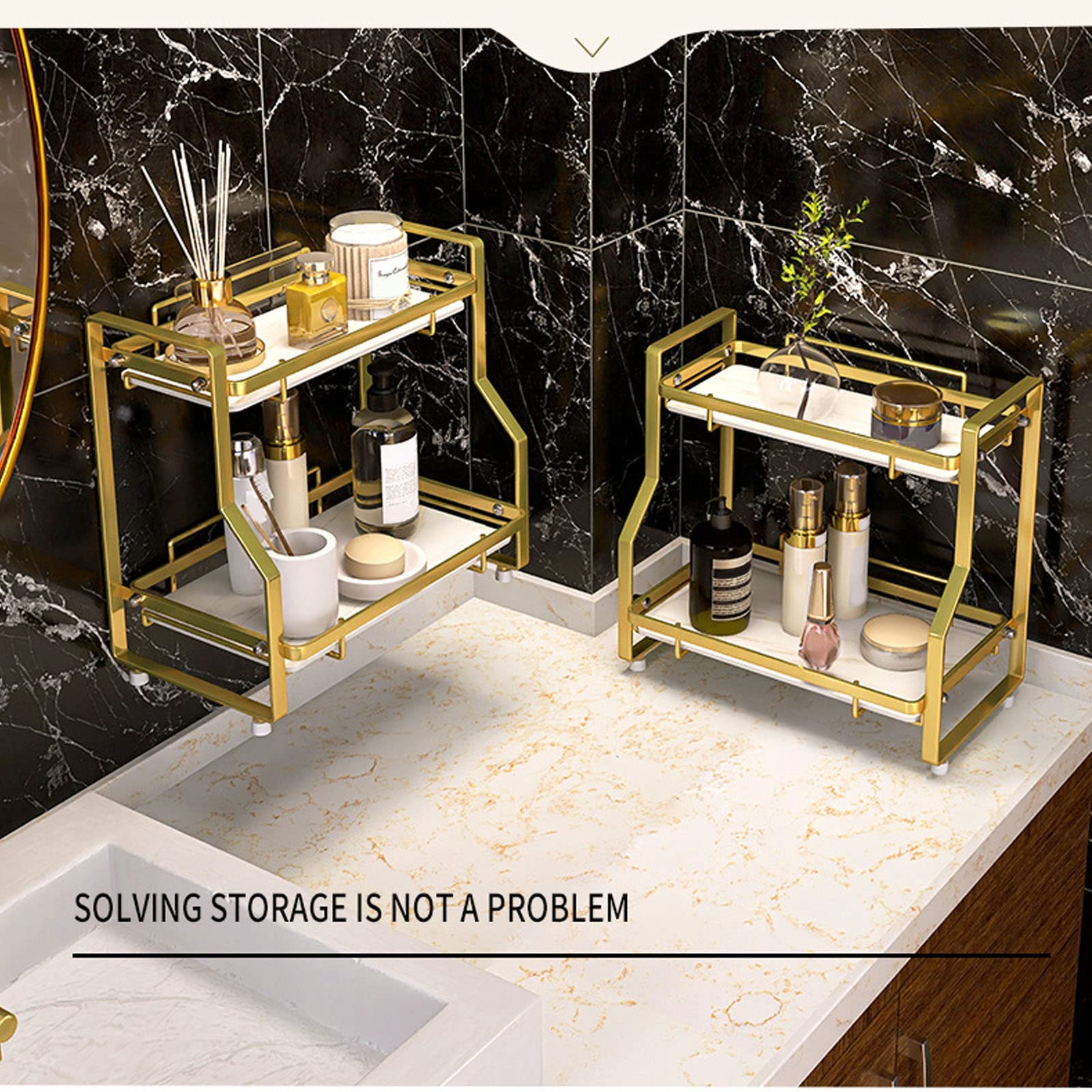 Gold 2/3-Tier Corner Counter Organizer - Bathroom Countertop Shelf Makeup Organizer with Perfume Tray, Wall Mounted or Standing Rack for Living Room, Bedroom