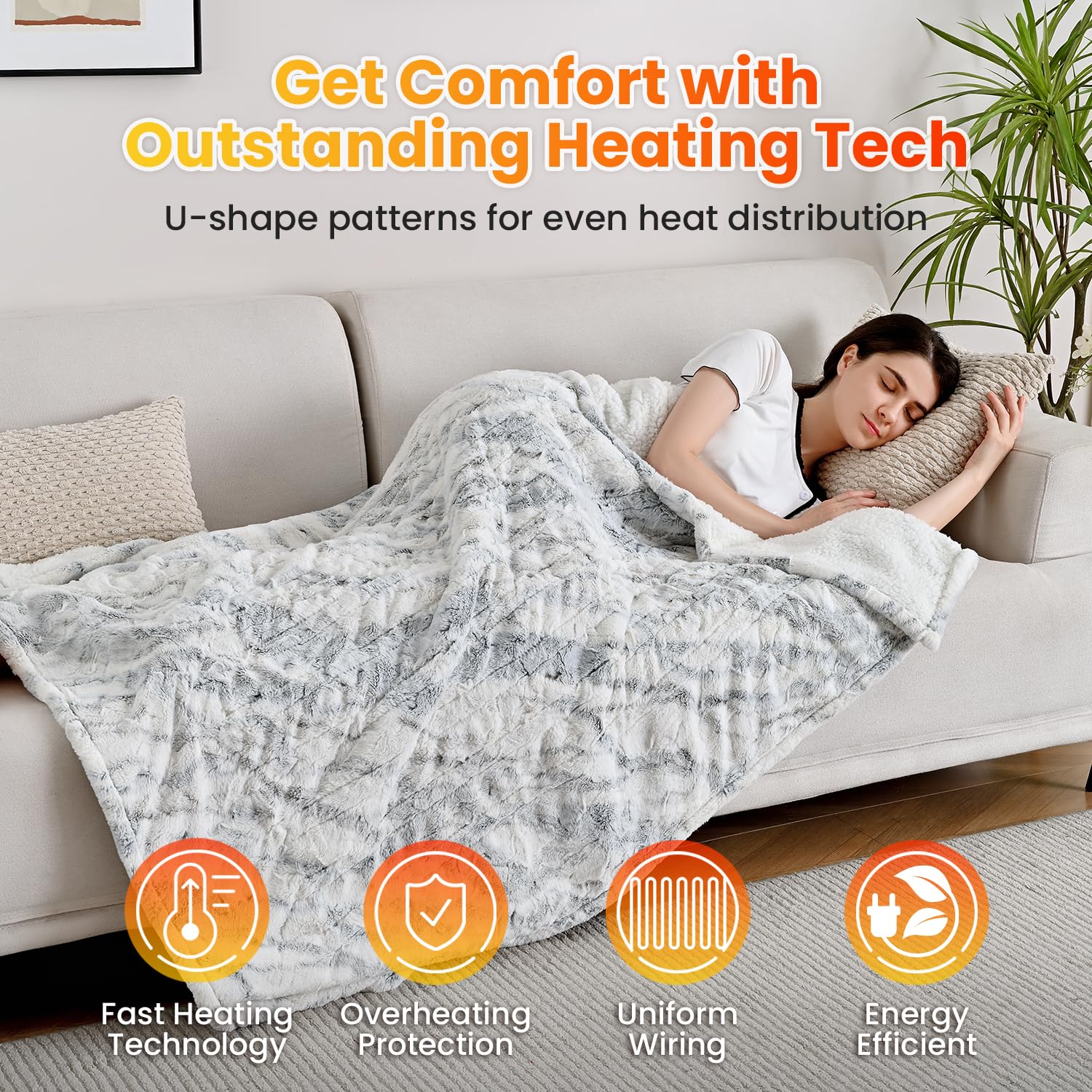 WOOMER Electric Heated Throw Blanket 50"x 60", Reversible Super Cozy