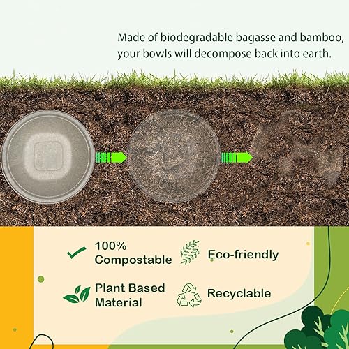 Miniatura 3 de Homestockplus Cuencos grandes desechables para ensalada, cuencos de papel resistentes, hechos de 100% fibra de caña de azúcar, aptos para