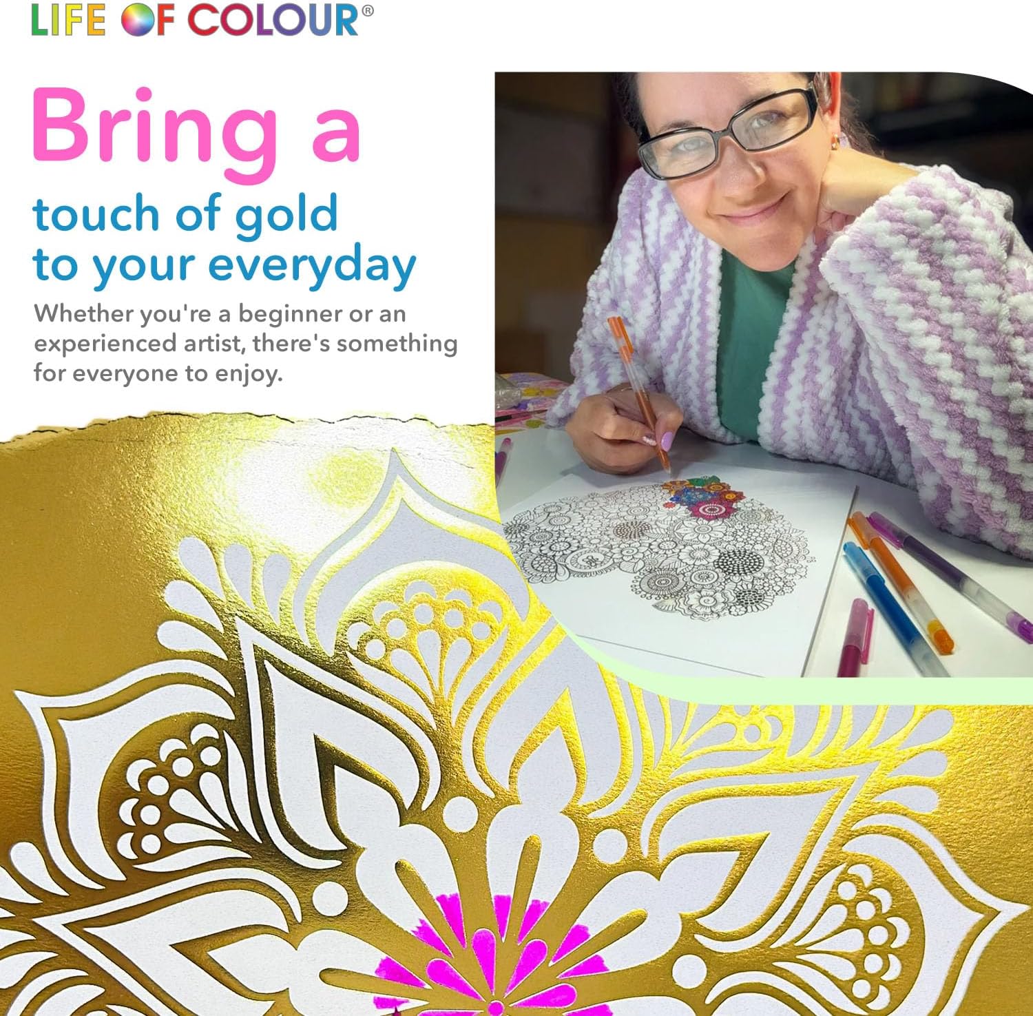 Life of Colour Gold Foil Mandala Coloring Book for Adults – Volume 2, 24 Gold Foil Designs, Premium Mandala Coloring Book for Women, Teens and Relaxation, Mixed Media Paper